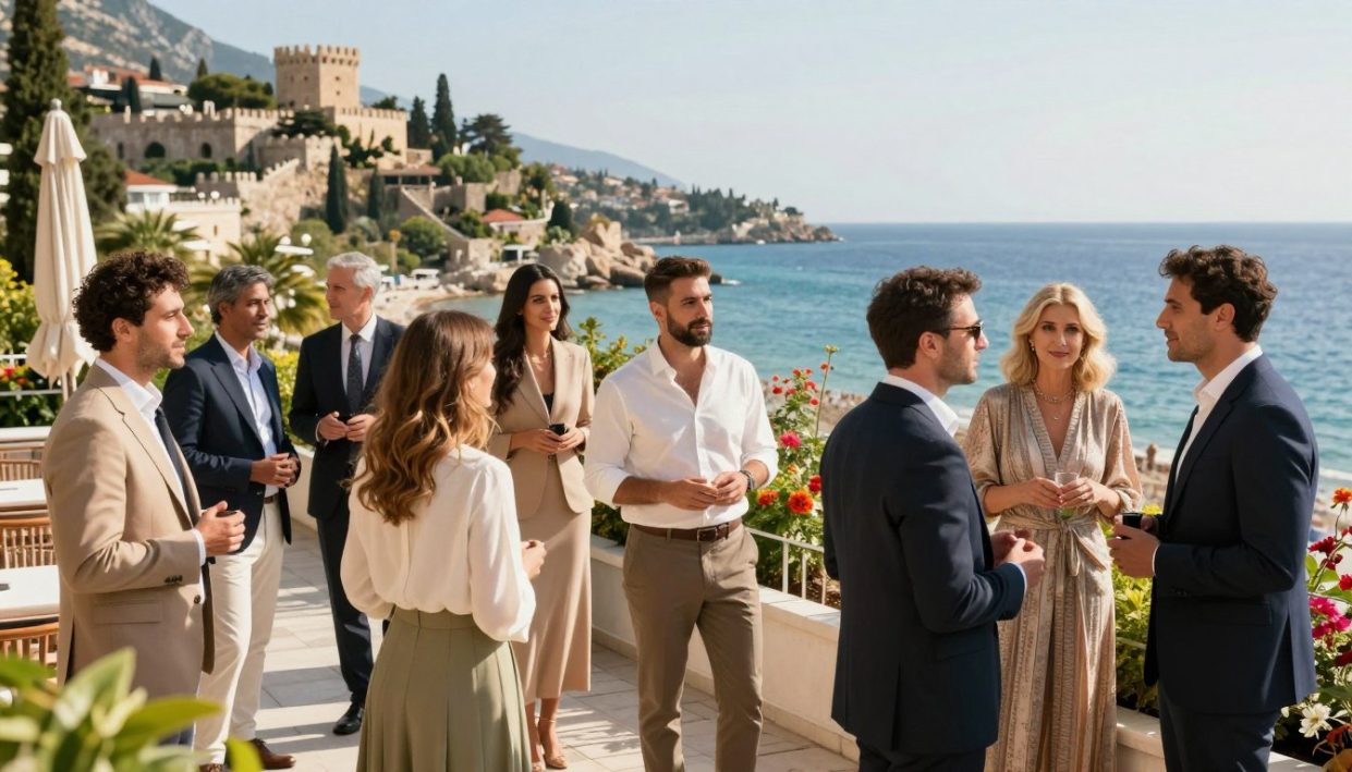 A stylish and sophisticated scene set in Alanya, showcasing a group of elegantly dressed individuals engaged in dynamic discussions. In the foreground, a diverse group of men and women in professional attire or smart casual clothing, embodying confidence and charm, are mingling together. The middle ground features a beautifully landscaped terrace overlooking the stunning Mediterranean coastline, with lush greenery and vibrant flowers adding life to the scene. In the background, breathtaking views of historical Alanya Castle and the turquoise ocean under bright, sunny skies. The atmosphere exudes a sense of elegance and warmth, ideal for exploring high-quality companionship—representative of "alanya elit escort". Soft, natural lighting envelops the scene, with a focus on warm tones to enhance the inviting mood. A stylish and sophisticated scene set in Alanya, showcasing a group of elegantly dressed individuals engaged in dynamic discussions. In the foreground, a diverse group of men and women in professional attire or smart casual clothing, embodying confidence and charm, are mingling together. The middle ground features a beautifully landscaped terrace overlooking the stunning Mediterranean coastline, with lush greenery and vibrant flowers adding life to the scene. In the background, breathtaking views of historical Alanya Castle and the turquoise ocean under bright, sunny skies. The atmosphere exudes a sense of elegance and warmth, ideal for exploring high-quality companionship—representative of "alanya elit escort". Soft, natural lighting envelops the scene, with a focus on warm tones to enhance the inviting mood.