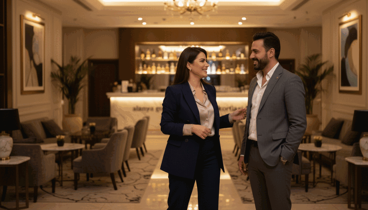 A stylish and upscale hotel lobby in Alanya, beautifully lit with warm ambient lighting. In the foreground, a well-dressed woman in elegant business attire is engaging warmly with a charming male companion, both smiling and enjoying each other's company, reflecting an atmosphere of professionalism and ease. In the middle ground, plush seating areas feature tasteful decor, including potted plants and artwork that convey sophistication. The background showcases a view of the hotel's luxurious bar, softly illuminated, creating an inviting ambiance. The overall mood is one of quality time and professional companionship, emphasizing the luxurious service of "alanya gece hayatı eskortları." The image should have a shallow depth of field for a warm, intimate feel. A stylish and upscale hotel lobby in Alanya, beautifully lit with warm ambient lighting. In the foreground, a well-dressed woman in elegant business attire is engaging warmly with a charming male companion, both smiling and enjoying each other's company, reflecting an atmosphere of professionalism and ease. In the middle ground, plush seating areas feature tasteful decor, including potted plants and artwork that convey sophistication. The background showcases a view of the hotel's luxurious bar, softly illuminated, creating an inviting ambiance. The overall mood is one of quality time and professional companionship, emphasizing the luxurious service of "alanya gece hayatı eskortları." The image should have a shallow depth of field for a warm, intimate feel.