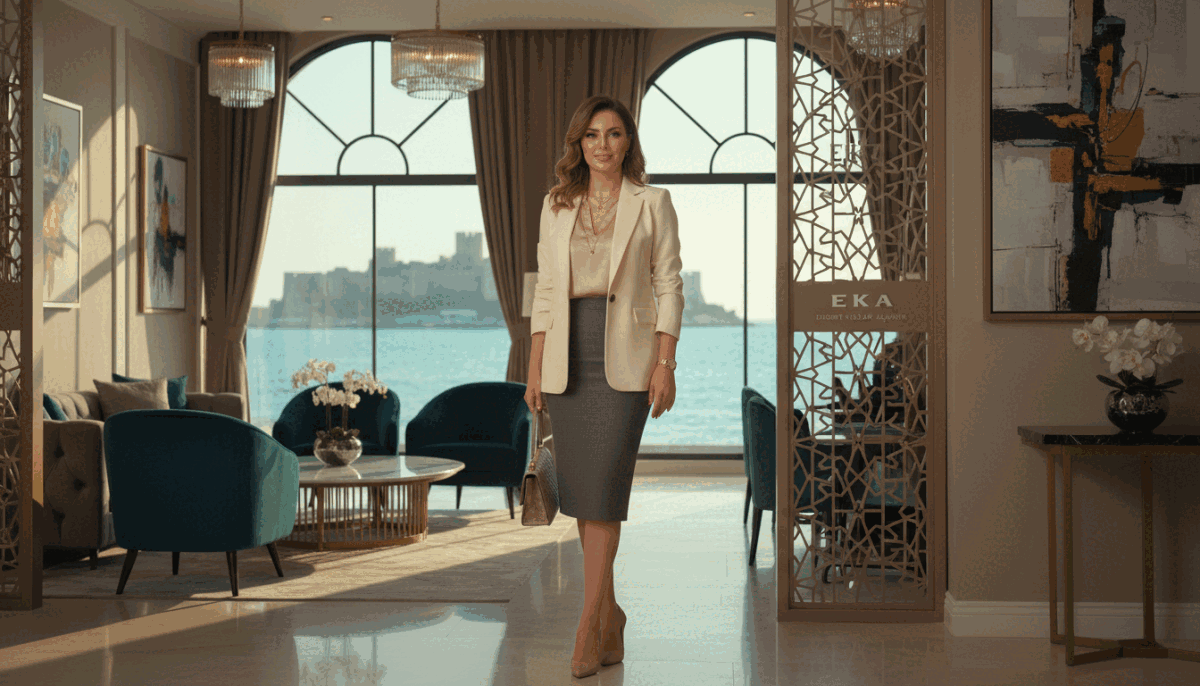 A stylish, elegant professional escort service scene in Alanya, showcasing a confident woman dressed in sophisticated business attire, standing in a modern, tastefully decorated hotel lobby. She exudes professionalism and charisma, with a warm, inviting smile. The foreground focuses on her poised stance, while the middle ground includes chic furniture and soft lighting that enhances the atmosphere. In the background, large windows reveal a glimpse of Alanya’s stunning coastal views. The lighting is bright yet soft, mimicking a warm afternoon glow, with subtle shadows creating depth. The overall mood is classy and empowering, perfectly encapsulating the advantages of professional escort services. The brand "eskort kızlar alanya" is subtly represented through the elegant decor and ambience.