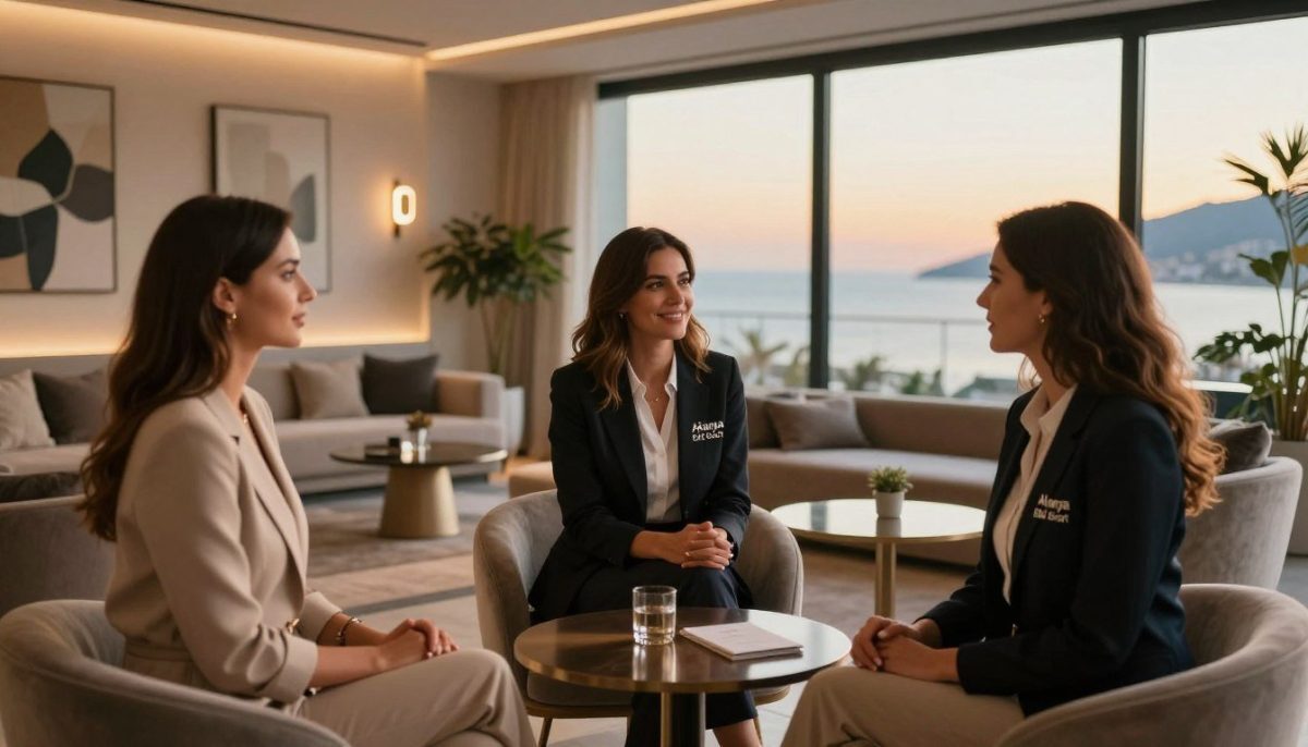 A stylish, elegant representation of "Alanya Elit Escort" professionals in a sophisticated setting. In the foreground, a group of three women dressed in chic business attire, showcasing confidence and poise. They are engaged in friendly conversation, embodying professionalism and grace. The middle ground features a sleek, modern lounge with tasteful decor, including plush seating and contemporary art. Soft, ambient lighting casts a warm glow, highlighting the inviting atmosphere. In the background, large windows display a stunning view of Alanya's coastline, bathed in the golden hues of sunset. The overall mood is upscale and luxurious, perfectly capturing the essence of elite companionship and the diverse services they offer. A stylish, elegant representation of "Alanya Elit Escort" professionals in a sophisticated setting. In the foreground, a group of three women dressed in chic business attire, showcasing confidence and poise. They are engaged in friendly conversation, embodying professionalism and grace. The middle ground features a sleek, modern lounge with tasteful decor, including plush seating and contemporary art. Soft, ambient lighting casts a warm glow, highlighting the inviting atmosphere. In the background, large windows display a stunning view of Alanya's coastline, bathed in the golden hues of sunset. The overall mood is upscale and luxurious, perfectly capturing the essence of elite companionship and the diverse services they offer.