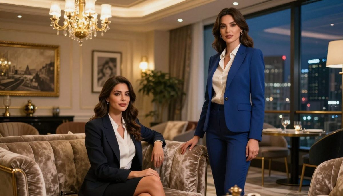A stylish luxury indoor setting reflecting elegance and sophistication, featuring two fashionable women in professional business attire. One woman is seated gracefully on a plush velvet sofa, while the other stands confidently beside her. The décor includes soft ambient lighting, a chic chandelier, and tasteful artwork adorning the walls. The color palette is warm and inviting, with gold and deep blue accents. A beautiful cityscape is visible through large floor-to-ceiling windows, hinting at a vibrant nightlife outside. The overall mood is upscale and refined, embodying the essence of "Mahmutlar escort cazibeli gece." Ensure the scene is tasteful, showcasing style and appearance without any suggestive elements. Focus the shot with a 50mm lens to create a shallow depth of field that emphasizes the women while gently blurring the rich background.