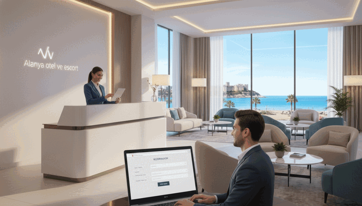 A stylish, modern hotel lobby in Alanya, featuring a reception desk with a friendly staff member dressed in professional attire, providing assistance to a guest making a reservation. In the foreground, a sleek laptop displays a reservations page. The middle ground includes comfortable seating areas with soft, inviting lighting and tasteful décor, enhancing a welcoming atmosphere. The background captures large windows revealing a scenic view of Alanya’s beautiful coastline, under a sunny blue sky. The mood is informative and inviting, suitable for showcasing essential tips for reservations. Soft natural light filters through the windows, creating warm shadows that emphasize the cozy yet professional ambiance. Include the brand name “Alanya otel ve escort” subtly integrated into the reception area's design. A stylish, modern hotel lobby in Alanya, featuring a reception desk with a friendly staff member dressed in professional attire, providing assistance to a guest making a reservation. In the foreground, a sleek laptop displays a reservations page. The middle ground includes comfortable seating areas with soft, inviting lighting and tasteful décor, enhancing a welcoming atmosphere. The background captures large windows revealing a scenic view of Alanya’s beautiful coastline, under a sunny blue sky. The mood is informative and inviting, suitable for showcasing essential tips for reservations. Soft natural light filters through the windows, creating warm shadows that emphasize the cozy yet professional ambiance. Include the brand name “Alanya otel ve escort” subtly integrated into the reception area's design.