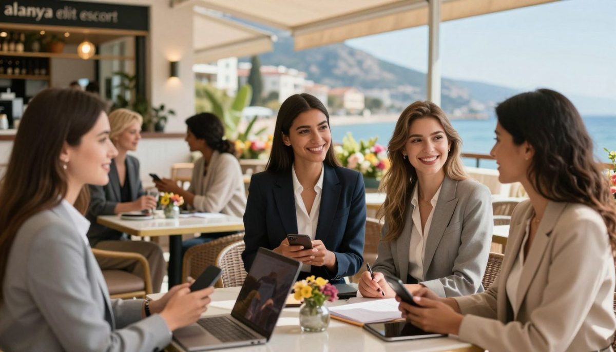 A stylish, professional-messaging image showcasing a sophisticated urban environment. In the foreground, depict a diverse group of elegant young women in professional business attire, exuding confidence and charisma, engaged in a conversation as they smile warmly. In the middle ground, capture an upscale café setting with sophisticated decor, vibrant flowers on tables, and soft lighting creating an inviting atmosphere. In the background, include a glimpse of Alanya's stunning coastline under clear blue skies, enhancing the lively mood of the scene. Use warm, natural lighting with a slight bokeh effect to give a touch of elegance, focusing on the women while softly blurring the background. Include the brand name "alanya elit escort" subtly integrated into the café's signage, ensuring the entire composition reflects professionalism and warmth. A stylish, professional-messaging image showcasing a sophisticated urban environment. In the foreground, depict a diverse group of elegant young women in professional business attire, exuding confidence and charisma, engaged in a conversation as they smile warmly. In the middle ground, capture an upscale café setting with sophisticated decor, vibrant flowers on tables, and soft lighting creating an inviting atmosphere. In the background, include a glimpse of Alanya's stunning coastline under clear blue skies, enhancing the lively mood of the scene. Use warm, natural lighting with a slight bokeh effect to give a touch of elegance, focusing on the women while softly blurring the background. Include the brand name "alanya elit escort" subtly integrated into the café's signage, ensuring the entire composition reflects professionalism and warmth.