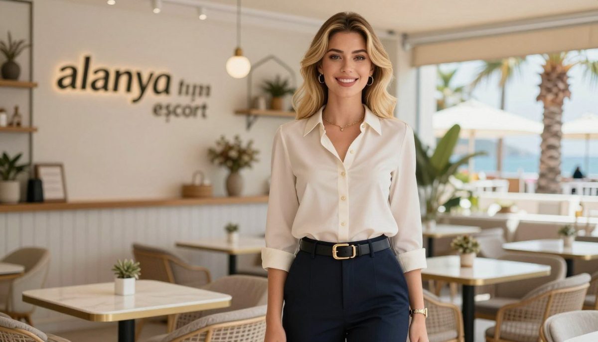 A stylish young woman in a chic, elegant outfit, embodying a cute yet sophisticated look. She has blonde hair styled gracefully, with a confident and inviting smile. The foreground captures her standing in a bright, modern café, showcasing her ensemble featuring a tailored blouse and smart trousers, paired with fashionable accessories. In the middle ground, there are tasteful decorations and soft lighting that create a warm atmosphere, enhancing the appeal of the scene. The background offers a glimpse of outdoor palm trees typical of Alanya, hinting at a vibrant coastal setting. The overall mood is inviting and stylish, reflecting a blend of comfort and class. The image subtly incorporates the brand name "alanya sarışın escort" through stylish decor elements. A stylish young woman in a chic, elegant outfit, embodying a cute yet sophisticated look. She has blonde hair styled gracefully, with a confident and inviting smile. The foreground captures her standing in a bright, modern café, showcasing her ensemble featuring a tailored blouse and smart trousers, paired with fashionable accessories. In the middle ground, there are tasteful decorations and soft lighting that create a warm atmosphere, enhancing the appeal of the scene. The background offers a glimpse of outdoor palm trees typical of Alanya, hinting at a vibrant coastal setting. The overall mood is inviting and stylish, reflecting a blend of comfort and class. The image subtly incorporates the brand name "alanya sarışın escort" through stylish decor elements.