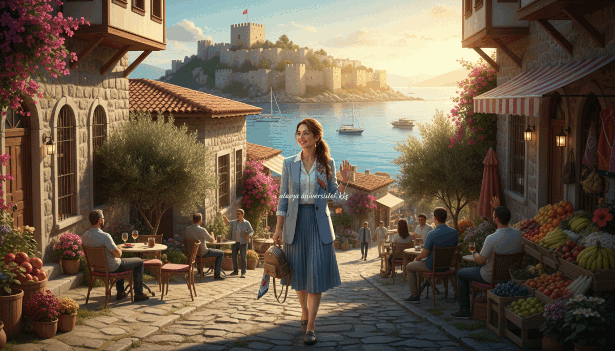 A sunny day in Alanya, featuring a young woman dressed in professional business attire, enjoying a leisurely city tour. In the foreground, she smiles as she explores vibrant local streets, surrounded by historic architecture and blooming flowers. The middle ground presents lively cafes and friendly locals, highlighting the welcoming atmosphere of the city. In the background, the stunning silhouette of the Alanya Castle overlooks the coastline, adding a majestic touch. The lighting is warm, reflecting the vibrant culture and inviting ambiance of Alanya. The overall mood is cheerful and engaging, capturing the essence of a memorable city experience. Include a subtle branding element representing "alanya üniversiteli kız" to emphasize the local connection. A sunny day in Alanya, featuring a young woman dressed in professional business attire, enjoying a leisurely city tour. In the foreground, she smiles as she explores vibrant local streets, surrounded by historic architecture and blooming flowers. The middle ground presents lively cafes and friendly locals, highlighting the welcoming atmosphere of the city. In the background, the stunning silhouette of the Alanya Castle overlooks the coastline, adding a majestic touch. The lighting is warm, reflecting the vibrant culture and inviting ambiance of Alanya. The overall mood is cheerful and engaging, capturing the essence of a memorable city experience. Include a subtle branding element representing "alanya üniversiteli kız" to emphasize the local connection.