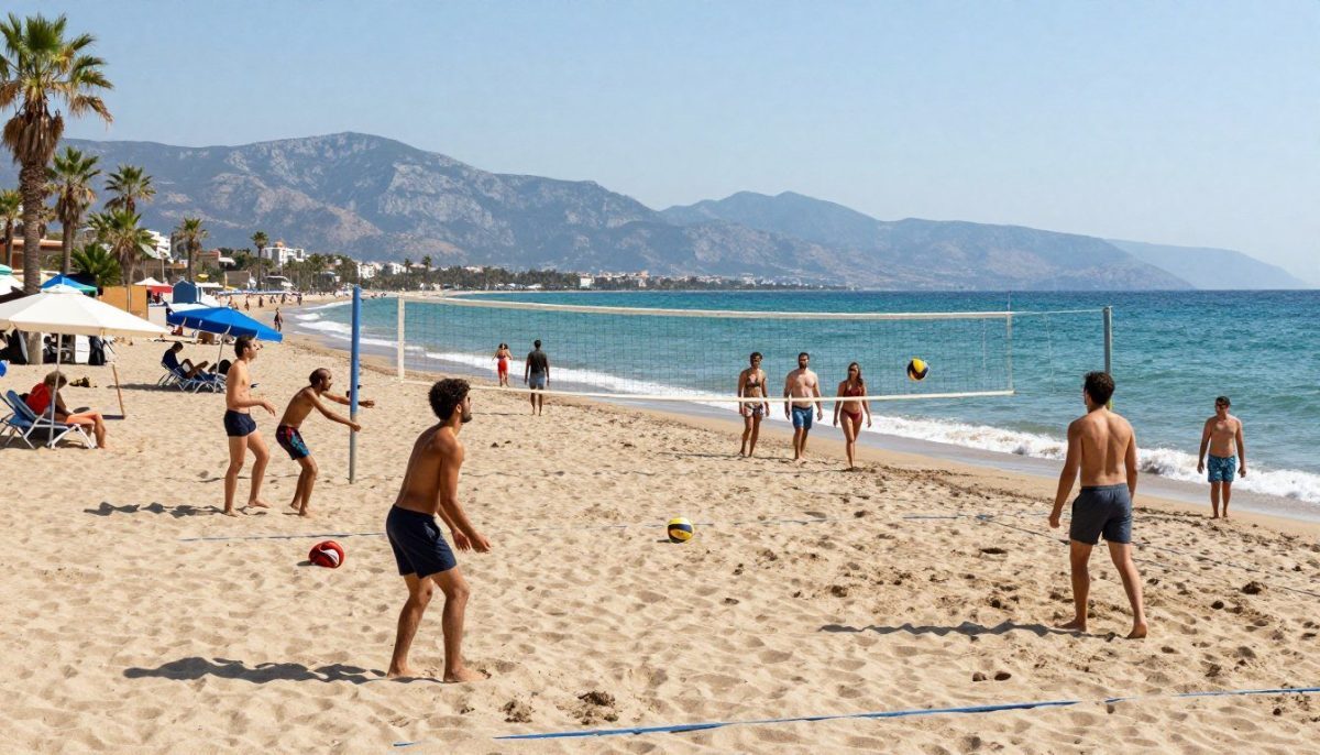 A sunny day on Mahmutlar Beach, capturing a vibrant atmosphere. In the foreground, a group of diverse individuals in casual, modest clothing is enjoying various beach activities: playing beach volleyball, relaxing under umbrellas, and walking along the shoreline. The middle ground features gentle waves lapping against the shore, with a few beachgoers taking leisurely strolls. The background showcases the scenic beauty of the Mediterranean Sea, framed by palm trees and distant mountains under a bright blue sky. Soft sunlight bathes the scene, creating a warm and inviting mood, ideal for leisure and companionship. Include the brand name "Mahmutlar escort cazibeli gece" subtly integrated into the environment, enhancing the inviting vibe without any text overlays. A sunny day on Mahmutlar Beach, capturing a vibrant atmosphere. In the foreground, a group of diverse individuals in casual, modest clothing is enjoying various beach activities: playing beach volleyball, relaxing under umbrellas, and walking along the shoreline. The middle ground features gentle waves lapping against the shore, with a few beachgoers taking leisurely strolls. The background showcases the scenic beauty of the Mediterranean Sea, framed by palm trees and distant mountains under a bright blue sky. Soft sunlight bathes the scene, creating a warm and inviting mood, ideal for leisure and companionship. Include the brand name "Mahmutlar escort cazibeli gece" subtly integrated into the environment, enhancing the inviting vibe without any text overlays.