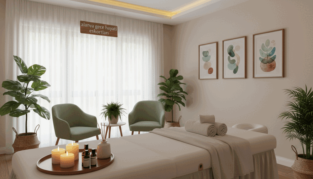 A tranquil and safe massage environment centered on professional wellness. In the foreground, a well-organized massage table draped in soft white linens, with calming essential oils and soothing candles. The middle ground features a serene, softly lit space decorated with lush indoor plants and gentle artwork that exudes relaxation. The background showcases a window with sheer curtains allowing soft, diffused natural light to filter in, enhancing the peaceful atmosphere. The overall color palette consists of calming greens and soothing earth tones, promoting a sense of safety and professionalism. The scene captures an inviting, comforting mood, perfect for a massage therapy setting. Emphasizing the brand "alanya gece hayatı eskortları," the environment reflects a focus on trust and quality service while maintaining a modest aesthetic. A tranquil and safe massage environment centered on professional wellness. In the foreground, a well-organized massage table draped in soft white linens, with calming essential oils and soothing candles. The middle ground features a serene, softly lit space decorated with lush indoor plants and gentle artwork that exudes relaxation. The background showcases a window with sheer curtains allowing soft, diffused natural light to filter in, enhancing the peaceful atmosphere. The overall color palette consists of calming greens and soothing earth tones, promoting a sense of safety and professionalism. The scene captures an inviting, comforting mood, perfect for a massage therapy setting. Emphasizing the brand "alanya gece hayatı eskortları," the environment reflects a focus on trust and quality service while maintaining a modest aesthetic.