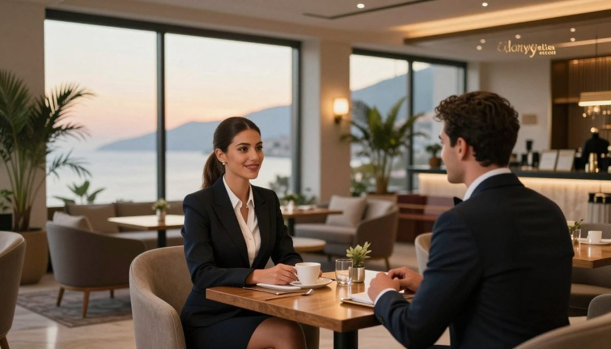 A tranquil scene in Alanya featuring a stylish, luxurious hotel lobby where elite escort services are discreetly showcased. In the foreground, a professional-looking female escort, dressed in a smart business attire, engages with a sophisticated male client seated at a wooden table, both smiling and conversing. The middle ground reveals elegant decor with tasteful plants and soft lighting creating an inviting atmosphere. In the background, large windows display a stunning view of Alanya's coastal landscape at sunset, casting a warm glow throughout the room. The image captures a sense of security and professionalism, emphasizing the luxurious and safe experience provided by "alanya elit escort". Use soft focus and a slightly elevated angle to enhance the intimate yet secure environment. A tranquil scene in Alanya featuring a stylish, luxurious hotel lobby where elite escort services are discreetly showcased. In the foreground, a professional-looking female escort, dressed in a smart business attire, engages with a sophisticated male client seated at a wooden table, both smiling and conversing. The middle ground reveals elegant decor with tasteful plants and soft lighting creating an inviting atmosphere. In the background, large windows display a stunning view of Alanya's coastal landscape at sunset, casting a warm glow throughout the room. The image captures a sense of security and professionalism, emphasizing the luxurious and safe experience provided by "alanya elit escort". Use soft focus and a slightly elevated angle to enhance the intimate yet secure environment.