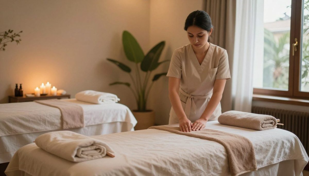 A tranquil spa setting in Alanya featuring a luxurious massage room designed for aromatherapy, Swedish, and deep tissue massages. The foreground showcases a beautifully arranged massage table adorned with soft linens and essential oils. In the middle ground, a professional therapist, dressed in modest, professional attire, is preparing materials for the session, exuding calm and expertise. The background reveals elegantly designed elements like plants, soothing candles, and ambient lighting that bathes the room in a warm glow. A peaceful atmosphere prevails, inviting relaxation and rejuvenation. Capture this serene environment with a soft focus, using natural light from a nearby window to enhance the soothing tones. The image embodies the essence of luxury and tranquility in professional massage services in Alanya. A tranquil spa setting in Alanya featuring a luxurious massage room designed for aromatherapy, Swedish, and deep tissue massages. The foreground showcases a beautifully arranged massage table adorned with soft linens and essential oils. In the middle ground, a professional therapist, dressed in modest, professional attire, is preparing materials for the session, exuding calm and expertise. The background reveals elegantly designed elements like plants, soothing candles, and ambient lighting that bathes the room in a warm glow. A peaceful atmosphere prevails, inviting relaxation and rejuvenation. Capture this serene environment with a soft focus, using natural light from a nearby window to enhance the soothing tones. The image embodies the essence of luxury and tranquility in professional massage services in Alanya.
