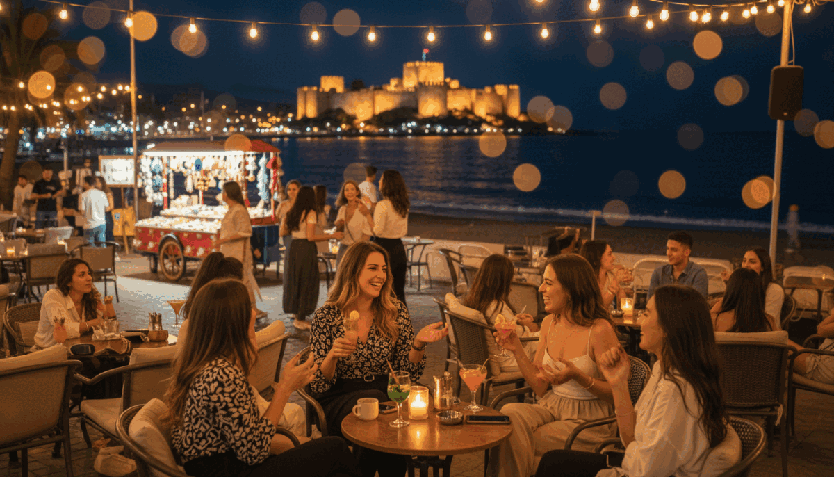 A vibrant and lively nightlife scene in Alanya, showcasing a stylish outdoor cafe filled with young adults enjoying the evening. In the foreground, a group of well-dressed individuals, reflecting the essence of "Alanya üniversiteli kız," are engaged in friendly conversation, their expressions animated and joyful. The middle ground features twinkling fairy lights strung above and colorful street vendors, creating a festive atmosphere. In the background, the iconic Alanya castle illuminated against the night sky and the calm Mediterranean sea, gently lapping at the shore. The lighting is warm and inviting, with soft bokeh effects enhancing the ambiance. Capture this scene from a slightly elevated angle to emphasize the vibrancy and community feel of Alanya's nightlife. A vibrant and lively nightlife scene in Alanya, showcasing a stylish outdoor cafe filled with young adults enjoying the evening. In the foreground, a group of well-dressed individuals, reflecting the essence of "Alanya üniversiteli kız," are engaged in friendly conversation, their expressions animated and joyful. The middle ground features twinkling fairy lights strung above and colorful street vendors, creating a festive atmosphere. In the background, the iconic Alanya castle illuminated against the night sky and the calm Mediterranean sea, gently lapping at the shore. The lighting is warm and inviting, with soft bokeh effects enhancing the ambiance. Capture this scene from a slightly elevated angle to emphasize the vibrancy and community feel of Alanya's nightlife.