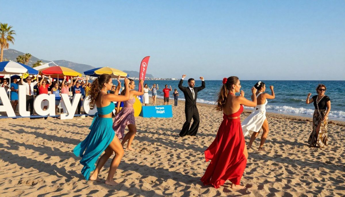 A vibrant beach competition scene set on the sunny shores of Alanya. In the foreground, a diverse group of elegantly dressed participants engages in a fun and lively contest, showcasing their poise and charm. They wear tasteful summer outfits, with bright colors reflecting the joy of the event. In the middle ground, spectators cheer enthusiastically, with beach umbrellas and colorful decorations adding to the festive atmosphere. The background features a clear blue sky and gentle waves lapping at the shore, emphasizing the beautiful coastal setting. The lighting is warm and inviting, capturing a sense of excitement and camaraderie. Large letters spelling "Alanya Sarışın Escort" are artfully integrated into the scene through decorative beach elements. A vibrant beach competition scene set on the sunny shores of Alanya. In the foreground, a diverse group of elegantly dressed participants engages in a fun and lively contest, showcasing their poise and charm. They wear tasteful summer outfits, with bright colors reflecting the joy of the event. In the middle ground, spectators cheer enthusiastically, with beach umbrellas and colorful decorations adding to the festive atmosphere. The background features a clear blue sky and gentle waves lapping at the shore, emphasizing the beautiful coastal setting. The lighting is warm and inviting, capturing a sense of excitement and camaraderie. Large letters spelling "Alanya Sarışın Escort" are artfully integrated into the scene through decorative beach elements.