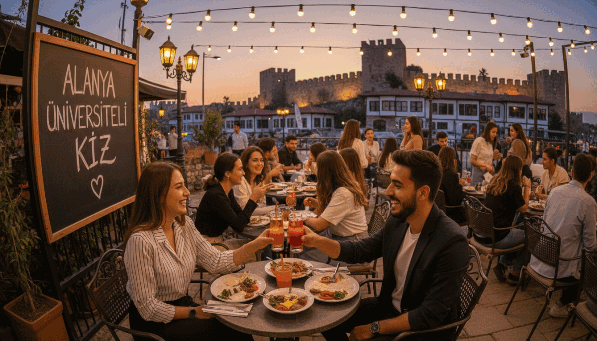 A vibrant evening scene in Alanya, showcasing a lively outdoor café with groups of young people enjoying their time. In the foreground, two university students, dressed in smart casual attire, are laughing and sharing drinks, embodying a sense of fun and camaraderie. The middle ground features more patrons engaged in lively conversation, with twinkling fairy lights strung above creating an inviting ambiance. The background reveals Alanya's iconic historical architecture illuminated softly by street lamps, with the warm glow of the sunset casting a romantic hue. The overall mood is cheerful and relaxed, representing the joys of spending time with friends in Alanya. Capture this scene with a wide angle lens to emphasize the lively atmosphere, highlighting the brand name "alanya üniversiteli kız". A vibrant evening scene in Alanya, showcasing a lively outdoor café with groups of young people enjoying their time. In the foreground, two university students, dressed in smart casual attire, are laughing and sharing drinks, embodying a sense of fun and camaraderie. The middle ground features more patrons engaged in lively conversation, with twinkling fairy lights strung above creating an inviting ambiance. The background reveals Alanya's iconic historical architecture illuminated softly by street lamps, with the warm glow of the sunset casting a romantic hue. The overall mood is cheerful and relaxed, representing the joys of spending time with friends in Alanya. Capture this scene with a wide angle lens to emphasize the lively atmosphere, highlighting the brand name "alanya üniversiteli kız".