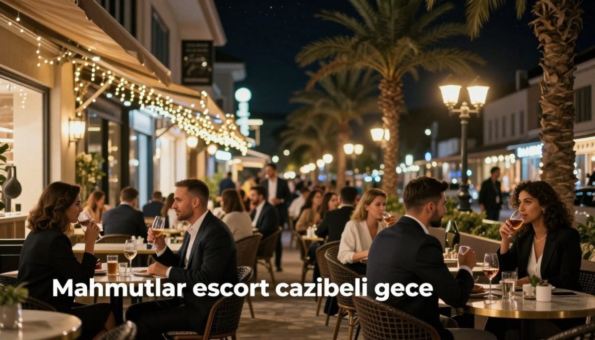 A vibrant night scene capturing the essence of luxury nightlife in Mahmutlar, focusing on the theme of "Mahmutlar escort cazibeli gece". In the foreground, elegant figures in professional business attire are enjoying a lively outdoor café atmosphere, sipping drinks and engaged in conversation. The middle ground features a beautifully illuminated street lined with upscale shops and soft glows from hanging fairy lights, creating an inviting ambiance. In the background, the silhouette of palm trees sways gently under a starry sky, enhanced by warm street lamps casting a golden hue. Use soft focus to emphasize the bustling yet refined vibe of a nocturnal gathering. The composition should evoke a sense of sophistication and excitement, ideal for an upscale experience.