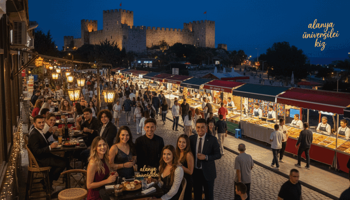 A vibrant night scene in Alanya showcasing the lively cultural experience of the local nightlife. In the foreground, a group of diverse young adults dressed in professional business attire, mingling and enjoying each other’s company at an outdoor café, illuminated by soft, ambient fairy lights. The middle layer features colorful street vendors with traditional Turkish delicacies, while the background showcases the stunning silhouette of Alanya’s historical castle against a dusky sky. Warm, inviting street lights create a cozy atmosphere, and the scene is captured from a slightly elevated angle to emphasize the bustling activity below. The overall mood is energetic and welcoming, reflecting the charm of cultural engagement in the heart of Alanya. Include a subtle branding element for "alanya üniversiteli kız" in the ambiance. A vibrant night scene in Alanya showcasing the lively cultural experience of the local nightlife. In the foreground, a group of diverse young adults dressed in professional business attire, mingling and enjoying each other’s company at an outdoor café, illuminated by soft, ambient fairy lights. The middle layer features colorful street vendors with traditional Turkish delicacies, while the background showcases the stunning silhouette of Alanya’s historical castle against a dusky sky. Warm, inviting street lights create a cozy atmosphere, and the scene is captured from a slightly elevated angle to emphasize the bustling activity below. The overall mood is energetic and welcoming, reflecting the charm of cultural engagement in the heart of Alanya. Include a subtle branding element for "alanya üniversiteli kız" in the ambiance.