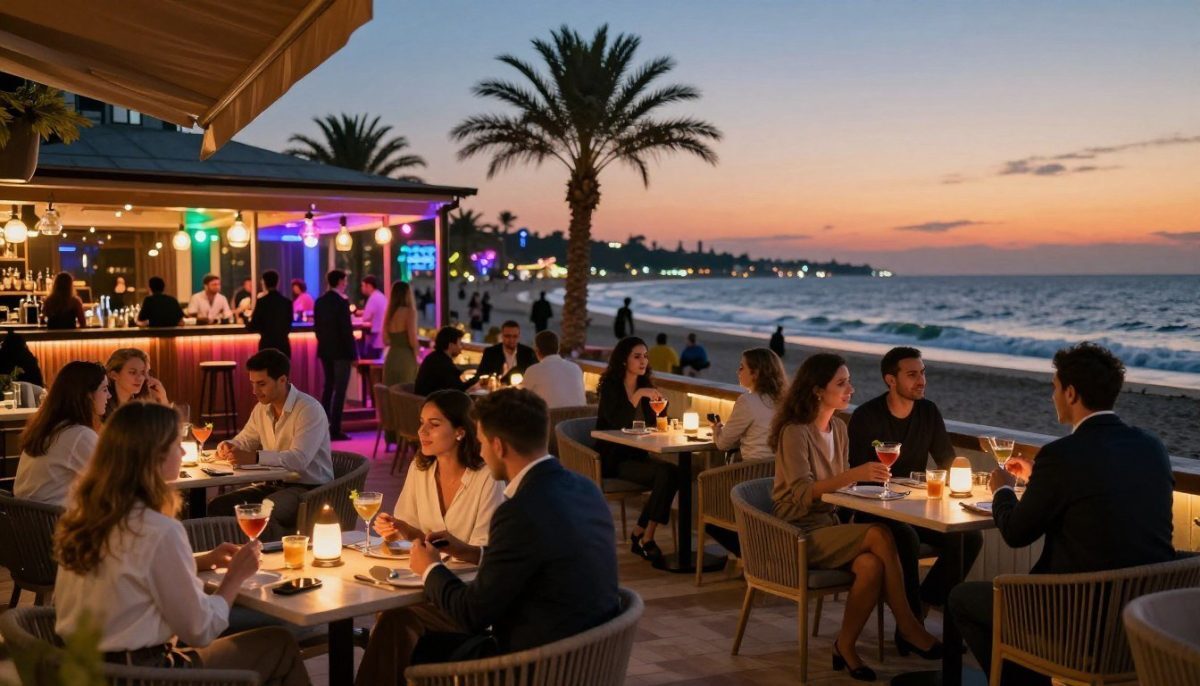 A vibrant night scene in Mahmutlar showcasing popular nightlife venues bustling with energy. In the foreground, a stylish outdoor café featuring elegant dining setups with well-dressed patrons enjoying cocktails under warm, ambient lighting. The middle layer includes lively bars with atmospheric neon lights glowing in various colors, drawing in guests. The background reveals a silhouette of the beach with gentle waves lapping against the shore, dotted with palm trees and psychedelic lights creating a festive mood. Capture this scene during a twilight sky transition, emphasizing the warm hues of sunset blending with the nocturnal vibrance. Lens effect should focus on depth, enhancing the inviting atmosphere of "Mahmutlar escort cazibeli gece". Ensure all individuals are dressed in professional business attire or modest casual clothing, maintaining a sophisticated ambiance. A vibrant night scene in Mahmutlar showcasing popular nightlife venues bustling with energy. In the foreground, a stylish outdoor café featuring elegant dining setups with well-dressed patrons enjoying cocktails under warm, ambient lighting. The middle layer includes lively bars with atmospheric neon lights glowing in various colors, drawing in guests. The background reveals a silhouette of the beach with gentle waves lapping against the shore, dotted with palm trees and psychedelic lights creating a festive mood. Capture this scene during a twilight sky transition, emphasizing the warm hues of sunset blending with the nocturnal vibrance. Lens effect should focus on depth, enhancing the inviting atmosphere of "Mahmutlar escort cazibeli gece". Ensure all individuals are dressed in professional business attire or modest casual clothing, maintaining a sophisticated ambiance.