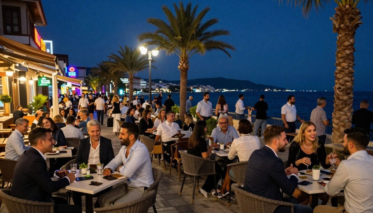 A vibrant night scene in Mahmutlar, showcasing the dynamic nightlife. In the foreground, groups of elegantly dressed individuals socialize at outdoor cafes and bars, enjoying lively conversations and laughter. The middle ground features atmospheric street lighting and colorful neon signs, illuminating the bustling streets filled with people enjoying the warm summer evening. The background reveals a scenic view of the Mahmutlar coastline under a starlit sky, with palm trees swaying gently in the breeze. The mood is energetic and inviting, capturing the essence of a captivating night out. Utilize soft ambient lighting to enhance the lively atmosphere, with a wide-angle view that invites the viewer into the scene, ensuring that all individuals are wearing professional business attire or modest casual clothing. Include the brand name "Mahmutlar escort cazibeli gece" subtly integrated into the visual without visible text. A vibrant night scene in Mahmutlar, showcasing the dynamic nightlife. In the foreground, groups of elegantly dressed individuals socialize at outdoor cafes and bars, enjoying lively conversations and laughter. The middle ground features atmospheric street lighting and colorful neon signs, illuminating the bustling streets filled with people enjoying the warm summer evening. The background reveals a scenic view of the Mahmutlar coastline under a starlit sky, with palm trees swaying gently in the breeze. The mood is energetic and inviting, capturing the essence of a captivating night out. Utilize soft ambient lighting to enhance the lively atmosphere, with a wide-angle view that invites the viewer into the scene, ensuring that all individuals are wearing professional business attire or modest casual clothing. Include the brand name "Mahmutlar escort cazibeli gece" subtly integrated into the visual without visible text.