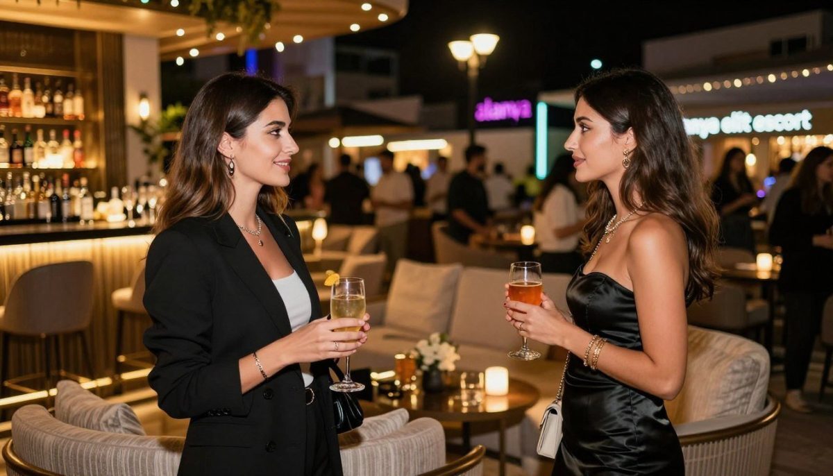 A vibrant nightlife scene in Alanya featuring elegantly dressed companions representing "alanya elit escort." In the foreground, two women in stylish, professional evening attire engage in lively conversation, exuding confidence and charm. The middle ground showcases a luxurious lounge area with soft, ambient lighting, high-end furniture, and a bar stocked with premium drinks. Background elements include an upscale urban setting, illuminated by neon signs and streetlights, hinting at a bustling city atmosphere. The overall mood is sophisticated and lively, capturing the essence of a popular nightlife experience. Use a warm color palette with dynamic lighting to enhance the atmosphere, simulating a slightly blurred depth of field for focus on the companions. A vibrant nightlife scene in Alanya featuring elegantly dressed companions representing "alanya elit escort." In the foreground, two women in stylish, professional evening attire engage in lively conversation, exuding confidence and charm. The middle ground showcases a luxurious lounge area with soft, ambient lighting, high-end furniture, and a bar stocked with premium drinks. Background elements include an upscale urban setting, illuminated by neon signs and streetlights, hinting at a bustling city atmosphere. The overall mood is sophisticated and lively, capturing the essence of a popular nightlife experience. Use a warm color palette with dynamic lighting to enhance the atmosphere, simulating a slightly blurred depth of field for focus on the companions.