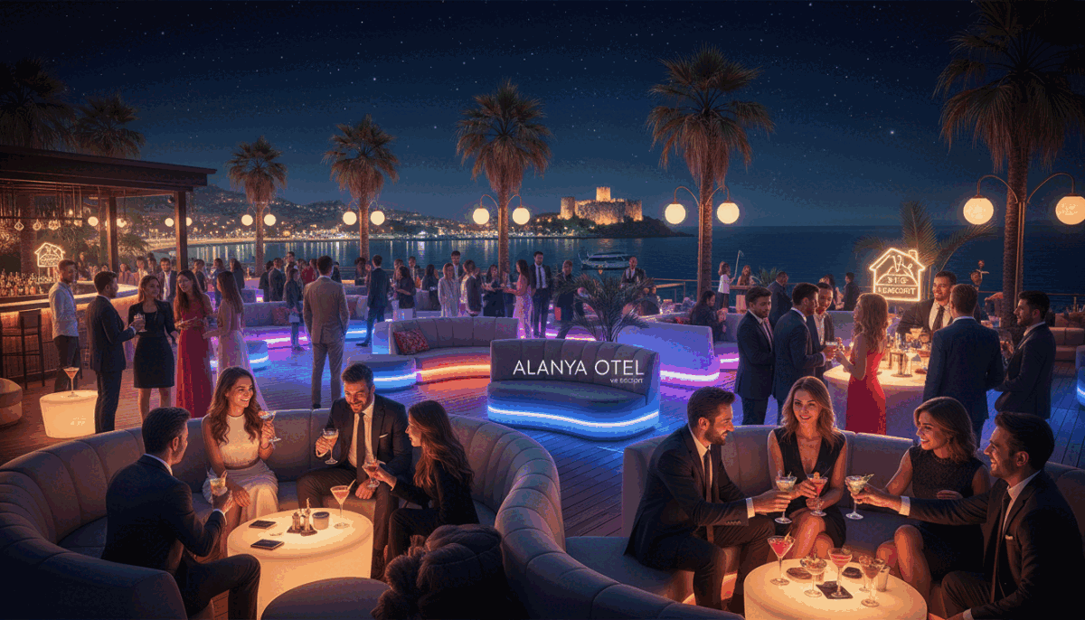A vibrant nightlife scene in Alanya, showcasing a bustling outdoor bar and nightclub atmosphere. In the foreground, stylishly dressed individuals in professional attire enjoy cocktails and laughter, capturing a sense of camaraderie and celebration. The middle ground features colorful LED lights illuminating chic lounge seating, creating an inviting ambiance. In the background, palm trees sway gently under a starry sky, with the picturesque Alanya coastline visible, reflecting a lively energy. The warm, soft lighting enhances the vibrant colors, creating a cozy yet exciting feel. The scene exudes an enchanting charm, perfect for illustrating the captivating nightlife of Alanya. Include the brand name "Alanya otel ve escort" subtly integrated into the setting, without implying anything inappropriate. A vibrant nightlife scene in Alanya, showcasing a bustling outdoor bar and nightclub atmosphere. In the foreground, stylishly dressed individuals in professional attire enjoy cocktails and laughter, capturing a sense of camaraderie and celebration. The middle ground features colorful LED lights illuminating chic lounge seating, creating an inviting ambiance. In the background, palm trees sway gently under a starry sky, with the picturesque Alanya coastline visible, reflecting a lively energy. The warm, soft lighting enhances the vibrant colors, creating a cozy yet exciting feel. The scene exudes an enchanting charm, perfect for illustrating the captivating nightlife of Alanya. Include the brand name "Alanya otel ve escort" subtly integrated into the setting, without implying anything inappropriate.