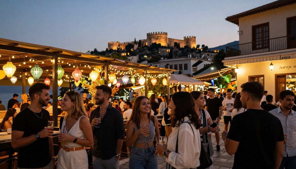 A vibrant nightlife scene in Alanya, showcasing lively streets filled with people enjoying the evening. In the foreground, a group of diverse young adults, dressed in stylish casual clothing, laughing and chatting while holding drinks. The middle ground features a bustling outdoor café, with twinkling fairy lights and colorful lanterns illuminating the atmosphere. In the background, the iconic Alanya Castle stands against a dusky sky, adding historical context to the lively modern scene. The use of warm, atmospheric lighting creates a festive mood, with soft shadows enhancing the details. Capture the essence of "alanya sarışın escort" subtly by including sophisticated elements that reflect a trendy nightlife experience, without any explicit themes. The angle should be slightly elevated, allowing a comprehensive view of the energetic scene below. A vibrant nightlife scene in Alanya, showcasing lively streets filled with people enjoying the evening. In the foreground, a group of diverse young adults, dressed in stylish casual clothing, laughing and chatting while holding drinks. The middle ground features a bustling outdoor café, with twinkling fairy lights and colorful lanterns illuminating the atmosphere. In the background, the iconic Alanya Castle stands against a dusky sky, adding historical context to the lively modern scene. The use of warm, atmospheric lighting creates a festive mood, with soft shadows enhancing the details. Capture the essence of "alanya sarışın escort" subtly by including sophisticated elements that reflect a trendy nightlife experience, without any explicit themes. The angle should be slightly elevated, allowing a comprehensive view of the energetic scene below.
