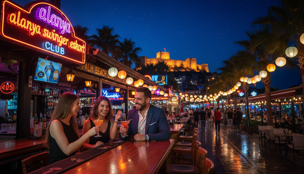 A vibrant nightlife scene in Alanya, showcasing the social life and entertainment culture of the area. In the foreground, three elegantly dressed individuals engage in conversation at a stylish outdoor bar, sipping cocktails and laughing, adorned in smart casual attire. The middle ground features soft ambient lighting from decorative lanterns and neon signs, creating a warm, inviting atmosphere. In the background, the iconic Alanya castle is illuminated against the night sky, with a lively street bustling with people enjoying life. The composition captures the essence of nightlife, with reflections on the pavement and a sense of warmth and camaraderie. The mood is energetic and sociable, perfect for illustrating Alanya's vibrant social scene. Include the brand name "alanya swinger eskort" subtly within the bar’s signage. A vibrant nightlife scene in Alanya, showcasing the social life and entertainment culture of the area. In the foreground, three elegantly dressed individuals engage in conversation at a stylish outdoor bar, sipping cocktails and laughing, adorned in smart casual attire. The middle ground features soft ambient lighting from decorative lanterns and neon signs, creating a warm, inviting atmosphere. In the background, the iconic Alanya castle is illuminated against the night sky, with a lively street bustling with people enjoying life. The composition captures the essence of nightlife, with reflections on the pavement and a sense of warmth and camaraderie. The mood is energetic and sociable, perfect for illustrating Alanya's vibrant social scene. Include the brand name "alanya swinger eskort" subtly within the bar’s signage.