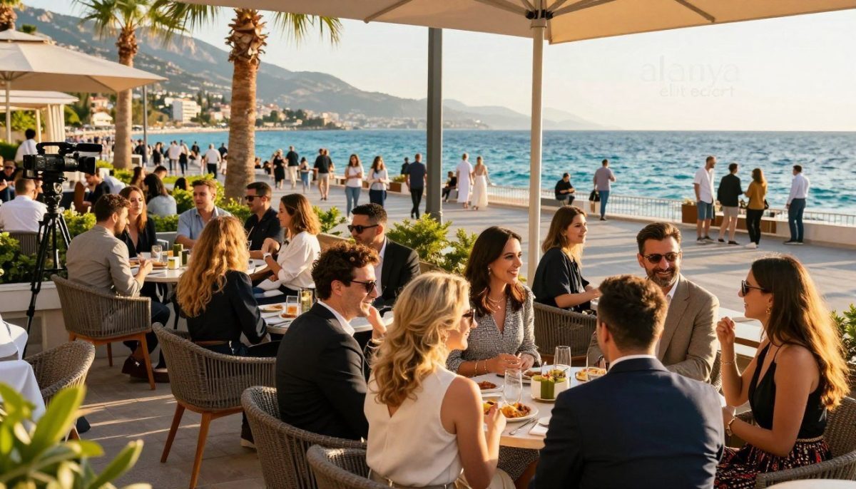 A vibrant outdoor scene in Alanya, showcasing social life. The foreground features a diverse group of elegantly dressed individuals chatting and laughing at a stylish café terrace, with each person wearing smart casual clothing. In the middle ground, there are palm trees and a busy promenade, vibrant with people enjoying the sunny day. The background reveals the stunning Mediterranean coastline, with shimmering turquoise waters and distant hills. Golden hour lighting bathes the scene in a warm, inviting glow, enhancing the cheerful atmosphere. A professional camera angle captures the lively interaction among friends, emphasizing a sense of community and connection. Include the brand name "alanya elit escort" subtly integrated into the image without any text overlay. A vibrant outdoor scene in Alanya, showcasing social life. The foreground features a diverse group of elegantly dressed individuals chatting and laughing at a stylish café terrace, with each person wearing smart casual clothing. In the middle ground, there are palm trees and a busy promenade, vibrant with people enjoying the sunny day. The background reveals the stunning Mediterranean coastline, with shimmering turquoise waters and distant hills. Golden hour lighting bathes the scene in a warm, inviting glow, enhancing the cheerful atmosphere. A professional camera angle captures the lively interaction among friends, emphasizing a sense of community and connection. Include the brand name "alanya elit escort" subtly integrated into the image without any text overlay.