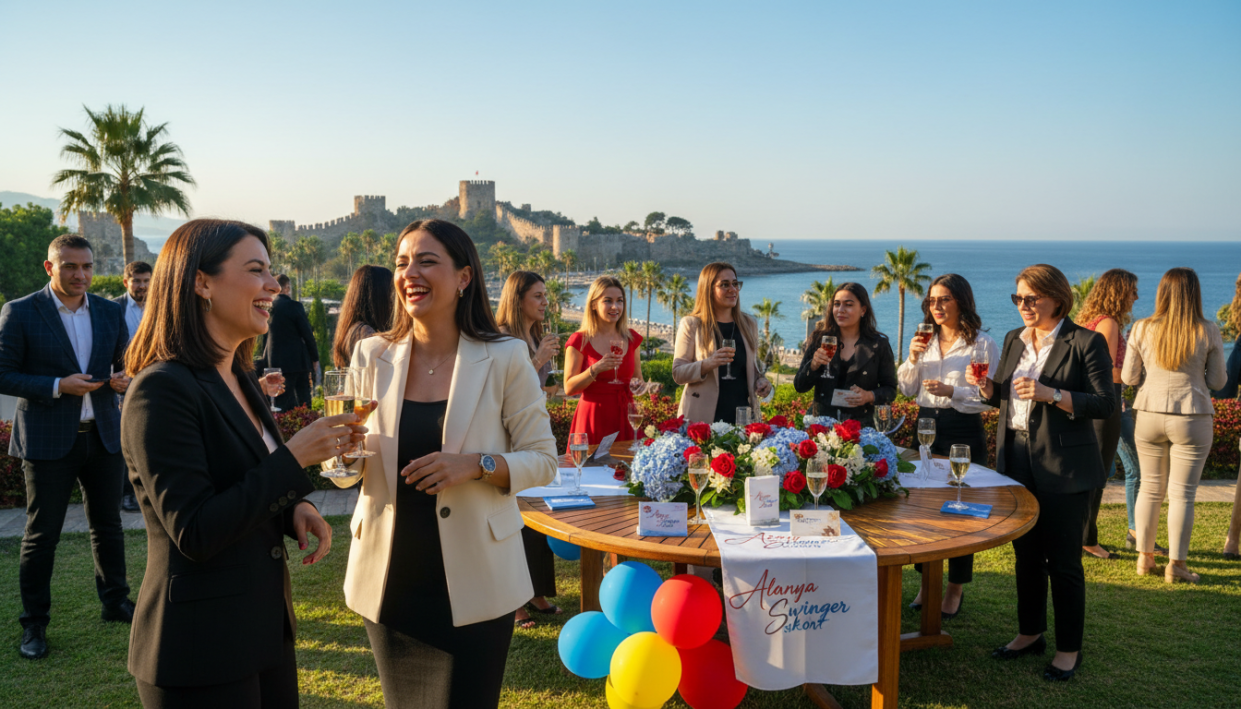 A vibrant outdoor social event in Alanya, featuring a diverse group of individuals engaging in friendly conversations and activities. In the foreground, two elegantly dressed women in professional attire are laughing together, while in the center, a small group is enjoying refreshments at a beautifully decorated table, with flowers and colorful balloons. The background showcases the stunning Alanya coastline with historical architecture and palm trees under a clear blue sky. The lighting is warm and inviting, capturing the essence of a sunny day. The scene embodies a festive and welcoming atmosphere, perfect for socializing and networking. Focus on the joy and connections made during community events. Include subtle branding elements for "alanya swinger eskort," ensuring they are harmonious with the overall scene without being intrusive. A vibrant outdoor social event in Alanya, featuring a diverse group of individuals engaging in friendly conversations and activities. In the foreground, two elegantly dressed women in professional attire are laughing together, while in the center, a small group is enjoying refreshments at a beautifully decorated table, with flowers and colorful balloons. The background showcases the stunning Alanya coastline with historical architecture and palm trees under a clear blue sky. The lighting is warm and inviting, capturing the essence of a sunny day. The scene embodies a festive and welcoming atmosphere, perfect for socializing and networking. Focus on the joy and connections made during community events. Include subtle branding elements for "alanya swinger eskort," ensuring they are harmonious with the overall scene without being intrusive.