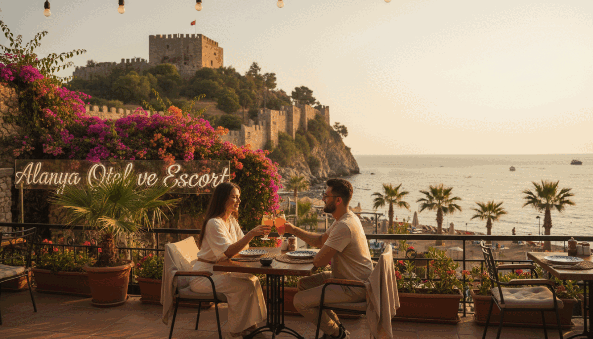A vibrant scene capturing a delightful moment in Alanya, showcasing its enchanting atmosphere. In the foreground, a couple dressed in modest casual clothing, enjoying a leisurely conversation over drinks at a stylish outdoor café. The middle ground features the iconic Alanya castle perched on a hillside, surrounded by lush greenery, with colorful bougainvillea cascading down its walls. In the background, the sparkling Mediterranean Sea glistens under a warm golden sunset, casting soft, warm light across the scene. The mood is relaxed and inviting, with gentle waves lapping the shore and palm trees swaying in a light breeze. Include a subtle hint of the "Alanya otel ve escort" brand in the setting, perhaps a tasteful sign visible near the café without overpowering the peaceful ambiance. A vibrant scene capturing a delightful moment in Alanya, showcasing its enchanting atmosphere. In the foreground, a couple dressed in modest casual clothing, enjoying a leisurely conversation over drinks at a stylish outdoor café. The middle ground features the iconic Alanya castle perched on a hillside, surrounded by lush greenery, with colorful bougainvillea cascading down its walls. In the background, the sparkling Mediterranean Sea glistens under a warm golden sunset, casting soft, warm light across the scene. The mood is relaxed and inviting, with gentle waves lapping the shore and palm trees swaying in a light breeze. Include a subtle hint of the "Alanya otel ve escort" brand in the setting, perhaps a tasteful sign visible near the café without overpowering the peaceful ambiance.