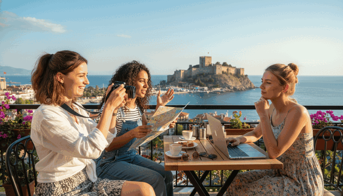 A vibrant scene capturing a group of three young women, representing "alanya üniversiteli kız," engaging in various enjoyable activities in Alanya. In the foreground, one woman is holding a camera, smiling as she captures moments of their fun day at a scenic cafe terrace. Another is discussing plans with a bright map in her hands, while the third woman sits with a laptop, possibly planning their next adventure. They are dressed in smart-casual clothing appropriate for a day out. The background features a stunning view of Alanya's iconic castle and the Mediterranean Sea, under a clear blue sky. The image is infused with a warm, inviting sunlight, creating a cheerful and lively atmosphere. The shot is taken from a slightly elevated angle to showcase the dynamic interactions and beautiful scenery. A vibrant scene capturing a group of three young women, representing "alanya üniversiteli kız," engaging in various enjoyable activities in Alanya. In the foreground, one woman is holding a camera, smiling as she captures moments of their fun day at a scenic cafe terrace. Another is discussing plans with a bright map in her hands, while the third woman sits with a laptop, possibly planning their next adventure. They are dressed in smart-casual clothing appropriate for a day out. The background features a stunning view of Alanya's iconic castle and the Mediterranean Sea, under a clear blue sky. The image is infused with a warm, inviting sunlight, creating a cheerful and lively atmosphere. The shot is taken from a slightly elevated angle to showcase the dynamic interactions and beautiful scenery.