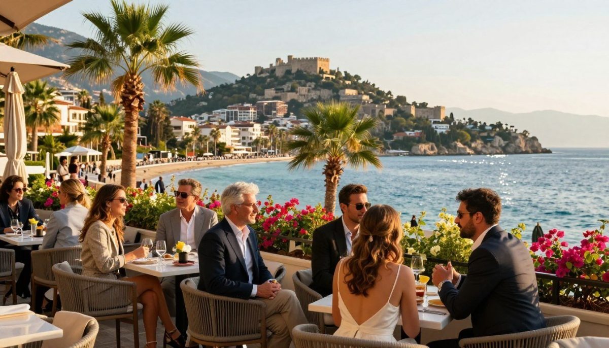 A vibrant scene capturing the essence of Alanya activities. In the foreground, a group of elegantly dressed individuals, representing "alanya elit escort," are engaged in animated conversation at a stylish outdoor café, with a panoramic view of the Mediterranean in the background. The middle layer features lush palm trees and colorful bougainvillea, while the serene blue sea sparkles under the warm sun. The background showcases the iconic Alanya Castle perched on a hill, providing a historical contrast to the lively atmosphere below. The lighting is soft and golden, suggesting early evening, with shadows adding depth to the scene. The overall mood is relaxed yet upscale, encapsulating the charm and allure of Alanya's diverse activities. A vibrant scene capturing the essence of Alanya activities. In the foreground, a group of elegantly dressed individuals, representing "alanya elit escort," are engaged in animated conversation at a stylish outdoor café, with a panoramic view of the Mediterranean in the background. The middle layer features lush palm trees and colorful bougainvillea, while the serene blue sea sparkles under the warm sun. The background showcases the iconic Alanya Castle perched on a hill, providing a historical contrast to the lively atmosphere below. The lighting is soft and golden, suggesting early evening, with shadows adding depth to the scene. The overall mood is relaxed yet upscale, encapsulating the charm and allure of Alanya's diverse activities.