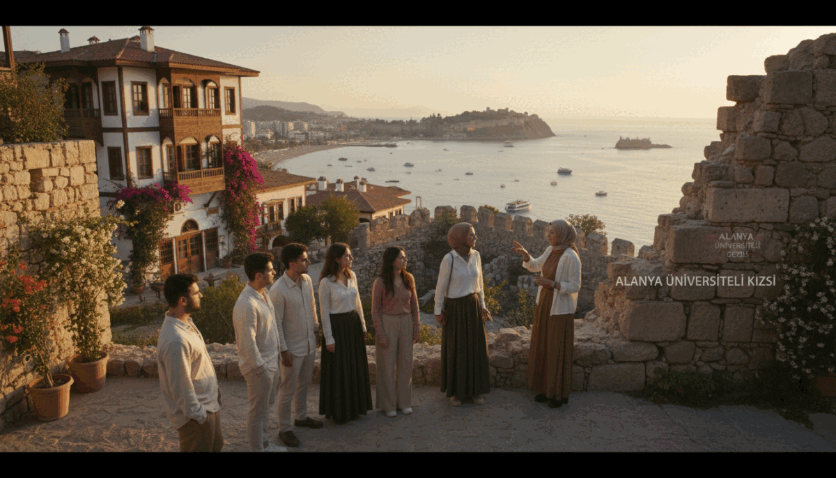 A vibrant scene capturing the essence of cultural exploration in Alanya, featuring a diverse group of young adults dressed in modest, casual clothing as they engage in a guided tour of historical landmarks. In the foreground, a knowledgeable tour guide animatedly explains the significance of an ancient fortress. The middle ground showcases stunning Mediterranean architecture, with colorful flowers and lush greenery intertwined. In the background, the picturesque Alanya coastline glistens under the warm, golden light of a sunset, casting gentle shadows. This composition is shot with a wide-angle lens to emphasize the stunning backdrop and create an inviting atmosphere, perfect for illustrating the cultural and entertainment opportunities in Alanya. Include subtle branding elements, like the phrase "alanya üniversiteli kız," integrated into the surroundings of the scene. A vibrant scene capturing the essence of cultural exploration in Alanya, featuring a diverse group of young adults dressed in modest, casual clothing as they engage in a guided tour of historical landmarks. In the foreground, a knowledgeable tour guide animatedly explains the significance of an ancient fortress. The middle ground showcases stunning Mediterranean architecture, with colorful flowers and lush greenery intertwined. In the background, the picturesque Alanya coastline glistens under the warm, golden light of a sunset, casting gentle shadows. This composition is shot with a wide-angle lens to emphasize the stunning backdrop and create an inviting atmosphere, perfect for illustrating the cultural and entertainment opportunities in Alanya. Include subtle branding elements, like the phrase "alanya üniversiteli kız," integrated into the surroundings of the scene.