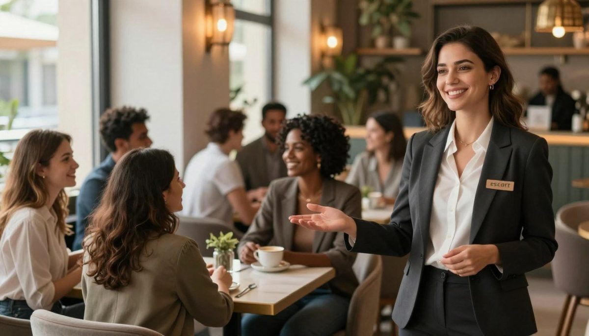 A vibrant scene depicting a harmonious gathering of diverse people in a stylish café setting in Kestel, Alanya. In the foreground, a friendly, professional-looking woman in business attire offers a welcoming smile, representing the "escort" service. In the middle ground, a mix of individuals—men and women of various ethnic backgrounds—are engaged in lively conversation, showcasing a range of options for companionship. The background features elegant décor, with ambient lighting creating a warm atmosphere. Soft, natural light filters through large windows, illuminating the scene, while a shallow depth of field keeps the focus on the interactions. The mood is inviting and sophisticated, emphasizing the concept of accessible companionship for everyone.