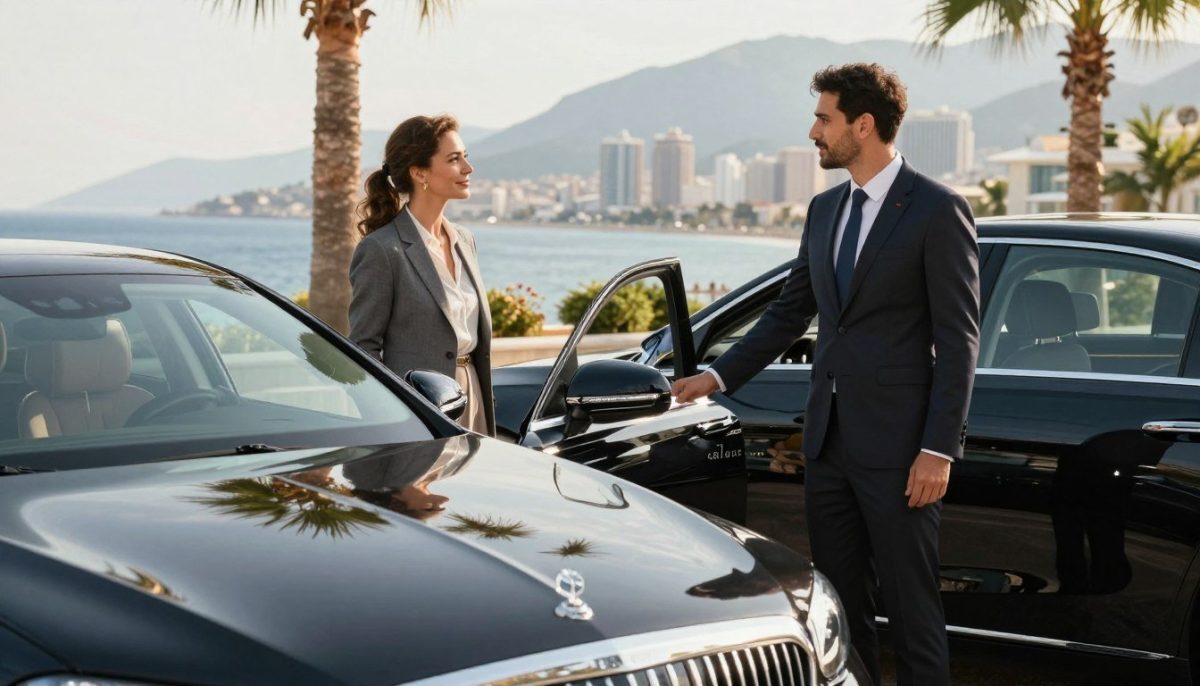 A vibrant scene depicting a luxurious transportation service in Alanya. In the foreground, a sophisticated car parked elegantly, reflecting the bright Mediterranean sun. A professional-looking driver in business attire stands beside the vehicle, ready to assist clients. In the middle ground, a well-dressed couple waits by the car, displaying a sense of anticipation and comfort. The background features a beautiful coastal view with palm trees and the stunning Alanya skyline, emphasizing the allure of the location. The lighting is warm and inviting, capturing the essence of a premium service. The atmosphere conveys professionalism and discretion, suitable for the brand "alanya elit escort". A vibrant scene depicting a luxurious transportation service in Alanya. In the foreground, a sophisticated car parked elegantly, reflecting the bright Mediterranean sun. A professional-looking driver in business attire stands beside the vehicle, ready to assist clients. In the middle ground, a well-dressed couple waits by the car, displaying a sense of anticipation and comfort. The background features a beautiful coastal view with palm trees and the stunning Alanya skyline, emphasizing the allure of the location. The lighting is warm and inviting, capturing the essence of a premium service. The atmosphere conveys professionalism and discretion, suitable for the brand "alanya elit escort".