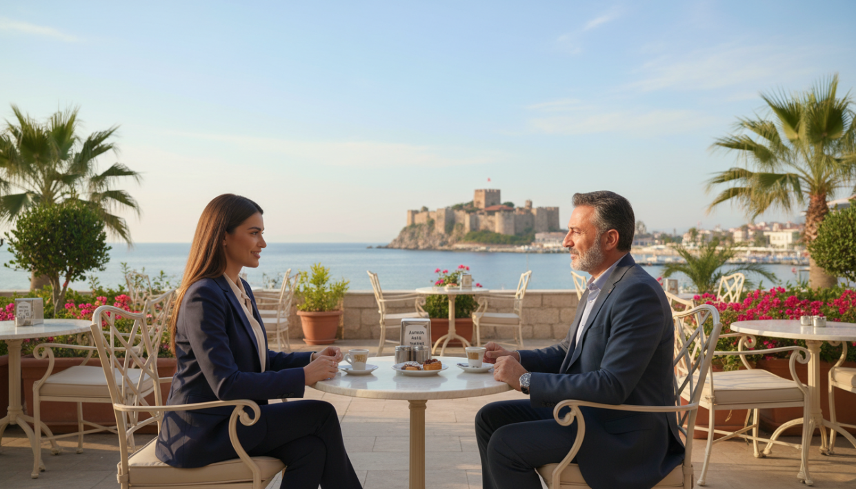 A vibrant scene depicting a professional and discreet escort service in Alanya, Turkey. In the foreground, a sophisticated and well-dressed female escort and a client are engaged in conversation, showcasing an atmosphere of trust and comfort. The middle layer features a stylish outdoor café setting with elegant tables, green plants, and an inviting ambiance, hinting at leisure and luxury. In the background, the stunning Alanya coastline stretches out, with the iconic castle visible under a clear blue sky. The lighting is warm and soft, evoking a welcoming mood, as if captured during late afternoon golden hour. Ensure all figures are in professional business attire, clearly reflecting "Alanya otel ve escort". No text or overlays.