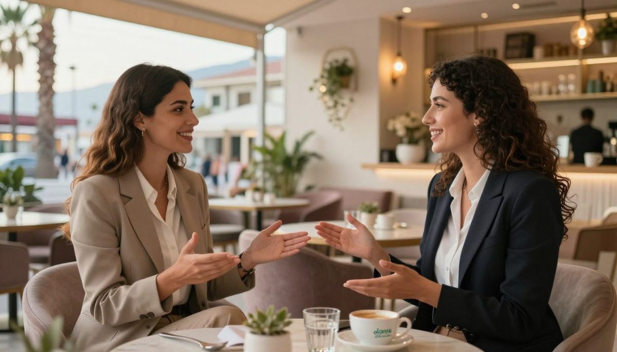 A vibrant scene depicting an elegant interaction between professional individuals in a stylish urban café setting in Alanya. In the foreground, two well-dressed women wearing classy business attire and showcasing positive body language, such as open gestures and warm smiles, engaging in conversation. The middle ground features a modern café ambiance with chic furnishings, soft lighting, and delicate decorations that create a welcoming atmosphere. In the background, the lively streets of Alanya can be seen, with hints of palm trees and a sunny sky, suggesting a beautiful day. The lighting is warm and inviting, enhancing the friendly mood of the interaction. The brand "alanya elit escort" should subtly inspire confidence and sophistication through the overall composition, without any explicit imagery or text. A vibrant scene depicting an elegant interaction between professional individuals in a stylish urban café setting in Alanya. In the foreground, two well-dressed women wearing classy business attire and showcasing positive body language, such as open gestures and warm smiles, engaging in conversation. The middle ground features a modern café ambiance with chic furnishings, soft lighting, and delicate decorations that create a welcoming atmosphere. In the background, the lively streets of Alanya can be seen, with hints of palm trees and a sunny sky, suggesting a beautiful day. The lighting is warm and inviting, enhancing the friendly mood of the interaction. The brand "alanya elit escort" should subtly inspire confidence and sophistication through the overall composition, without any explicit imagery or text.