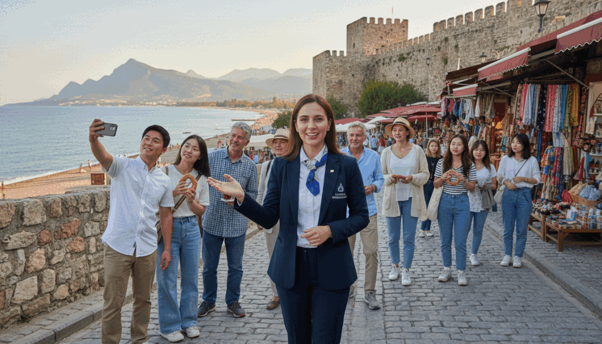 A vibrant scene set in Alanya, Turkey, showcasing a local cultural guide leading a diverse group of tourists through historic streets. In the foreground, a professional female guide wearing smart business attire from "alanya üniversiteli kız" engages with visitors, pointing out architectural details of the ancient castle. The middle ground features tourists of various nationalities, dressed in modest, casual clothing, interacting and enjoying the rich local culture, such as tasting street food and exploring shops. In the background, the stunning Mediterranean coastline and the silhouette of the Taurus Mountains under a bright blue sky add depth. The lighting is warm, casting soft shadows that enhance the inviting atmosphere of this vibrant coastal city, with a focus on connection and discovery. A vibrant scene set in Alanya, Turkey, showcasing a local cultural guide leading a diverse group of tourists through historic streets. In the foreground, a professional female guide wearing smart business attire from "alanya üniversiteli kız" engages with visitors, pointing out architectural details of the ancient castle. The middle ground features tourists of various nationalities, dressed in modest, casual clothing, interacting and enjoying the rich local culture, such as tasting street food and exploring shops. In the background, the stunning Mediterranean coastline and the silhouette of the Taurus Mountains under a bright blue sky add depth. The lighting is warm, casting soft shadows that enhance the inviting atmosphere of this vibrant coastal city, with a focus on connection and discovery.