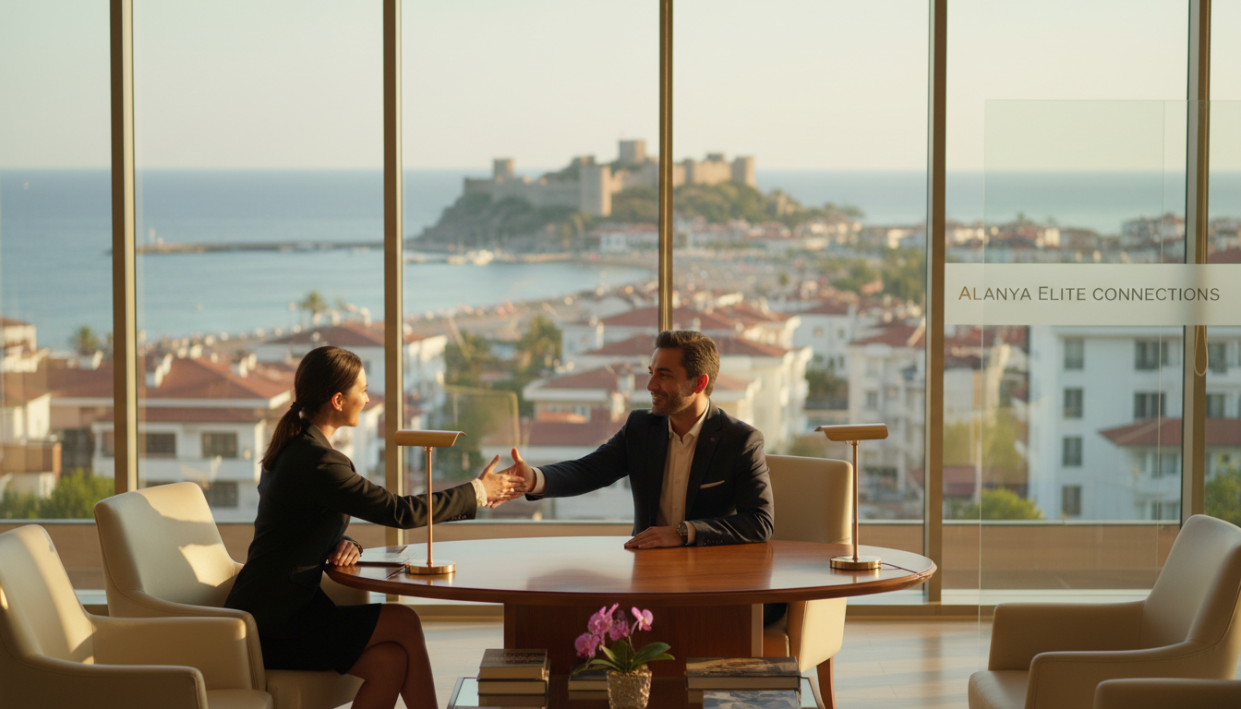 A vibrant scene showcasing a sophisticated meeting space in Alanya, designed for professional encounters. In the foreground, a stylishly dressed individual in business attire engages warmly, conveying an inviting and respectful atmosphere. In the middle ground, a tastefully arranged setting featuring elegant furniture and soft, ambient lighting creates a comfortable environment. The background highlights picturesque views of Alanya, incorporating the coastal landscape and charming architecture, hinting at the allure of the location. The image should have warm, inviting lighting, reminiscent of late afternoon sun, with a slight depth of field to focus on the figures while softly blurring the scenery. The overall mood should be professional yet welcoming, emphasizing the concept of meeting and connection within the context of "alanya swinger eskort".