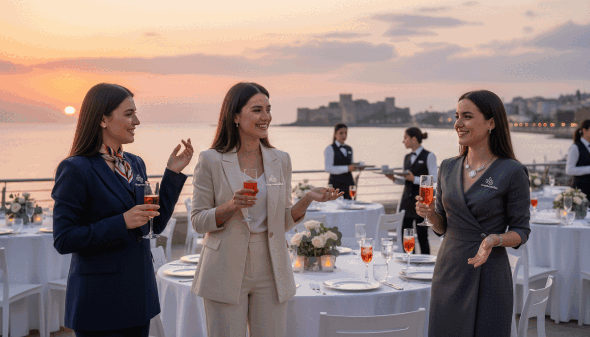 A vibrant social event scene in Alanya featuring elegantly dressed women, representing "alanya üniversiteli kız," mingling in a stylish outdoor setting. In the foreground, a group of three young women in professional business attire, smiling and engaging in conversation, exuding confidence and charm. The middle ground showcases beautifully arranged tables with tasteful decorations, glasses of refreshing beverages, and soft ambient lighting creating a warm atmosphere. In the background, a picturesque view of Alanya's stunning coastline at sunset, with soft hues of orange and pink illuminating the sky. The overall mood is friendly and inviting, capturing the essence of social gatherings where professional services are highlighted. The image is well-composed, using a slight depth of field to focus on the foreground subjects while blurring the background softly. A vibrant social event scene in Alanya featuring elegantly dressed women, representing "alanya üniversiteli kız," mingling in a stylish outdoor setting. In the foreground, a group of three young women in professional business attire, smiling and engaging in conversation, exuding confidence and charm. The middle ground showcases beautifully arranged tables with tasteful decorations, glasses of refreshing beverages, and soft ambient lighting creating a warm atmosphere. In the background, a picturesque view of Alanya's stunning coastline at sunset, with soft hues of orange and pink illuminating the sky. The overall mood is friendly and inviting, capturing the essence of social gatherings where professional services are highlighted. The image is well-composed, using a slight depth of field to focus on the foreground subjects while blurring the background softly.