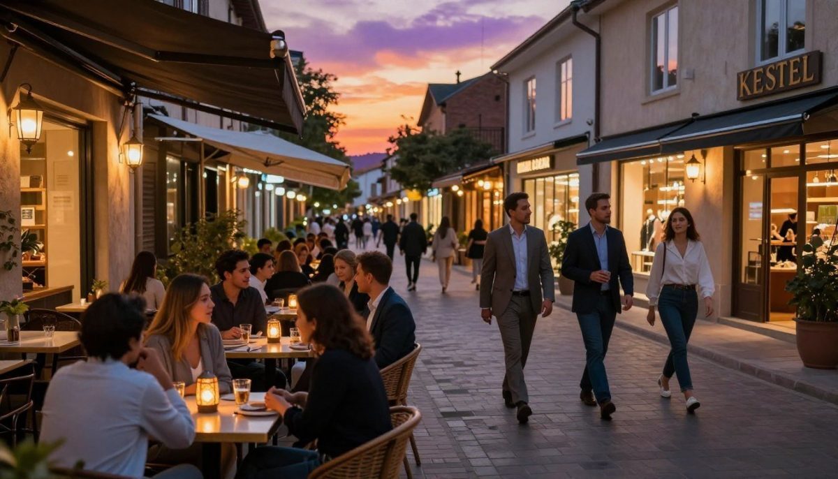 A vibrant street scene in Kestel at dusk, showcasing popular meeting spots frequented by individuals seeking escort services. In the foreground, a stylish outdoor café with patrons engaged in lively conversation, featuring tables adorned with small lanterns casting a warm glow. The middle ground reveals a charming street lined with boutique shops and soft ambient lighting, with a few people walking casually, dressed in professional business attire and modest casual clothing, radiating an air of sophistication. The background is a picturesque sunset sky blending oranges and purples, highlighting the inviting atmosphere of Kestel. The scene encapsulates a lively yet professional mood, perfect for social interactions. The angle is slightly elevated, providing a comprehensive view of this bustling destination.