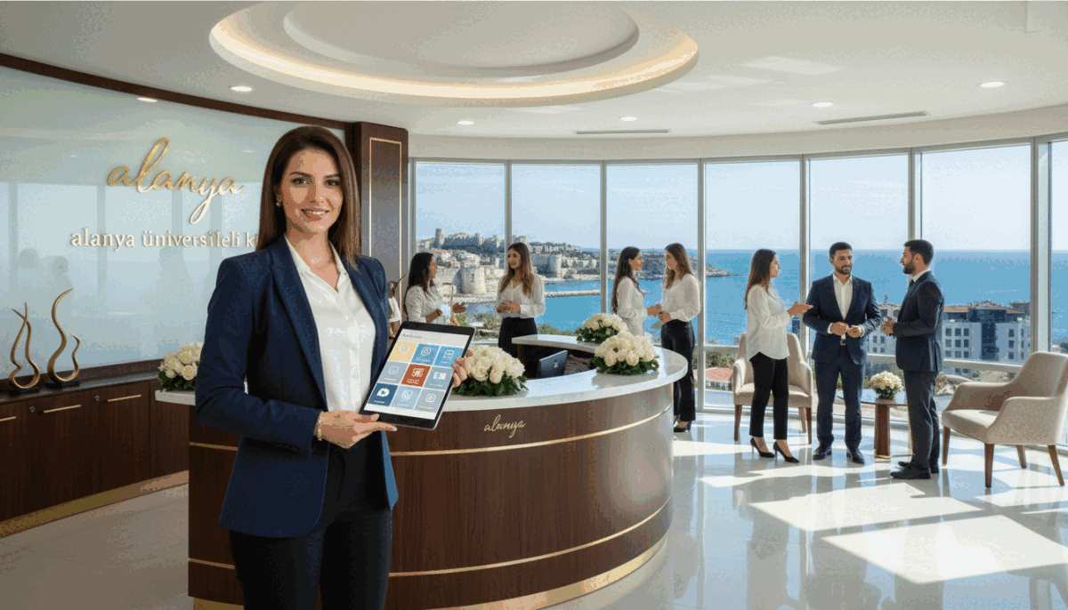 A vibrant, upscale group escort agency setting in Alanya, showcasing diversity in services. In the foreground, a confident, professional woman in smart business attire stands with a welcoming posture, holding a tablet displaying service categories. The middle ground features a stylish reception area with elegant decor and soft lighting, emphasizing a sophisticated atmosphere. In the background, a modern office space with large windows allows natural light to pour in, revealing a beautiful view of Alanya's coastline. The mood conveys professionalism, warmth, and exclusivity. Ensure the image represents the brand "alanya üniversiteli kız" prominently within the agency's decor. Capture the scene at eye level with a wide-angle lens to enhance depth and engagement. A vibrant, upscale group escort agency setting in Alanya, showcasing diversity in services. In the foreground, a confident, professional woman in smart business attire stands with a welcoming posture, holding a tablet displaying service categories. The middle ground features a stylish reception area with elegant decor and soft lighting, emphasizing a sophisticated atmosphere. In the background, a modern office space with large windows allows natural light to pour in, revealing a beautiful view of Alanya's coastline. The mood conveys professionalism, warmth, and exclusivity. Ensure the image represents the brand "alanya üniversiteli kız" prominently within the agency's decor. Capture the scene at eye level with a wide-angle lens to enhance depth and engagement.