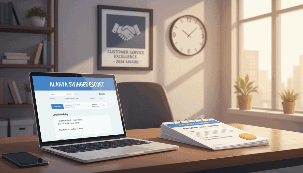 A visually engaging illustration of a reservation cancellation policy, featuring a professional setting. In the foreground, a sophisticated office desk with a laptop open to a website titled "Alanya Swinger Escort," showing a clean, user-friendly interface. On the desk, there's a neatly organized stack of documents labeled with cancellation terms and conditions, emphasizing a clear understanding of policies. The middle of the image includes a framed certificate or award highlighting customer service excellence, while a subtle clock on the wall indicates a timely reminder of policy adherence. The background is softly lit with warm tones, creating an inviting atmosphere, enhancing professionalism. The camera angle captures a slight overhead view, allowing for a comprehensive view of the desk and documents, promoting a mood of clarity and trust. A visually engaging illustration of a reservation cancellation policy, featuring a professional setting. In the foreground, a sophisticated office desk with a laptop open to a website titled "Alanya Swinger Escort," showing a clean, user-friendly interface. On the desk, there's a neatly organized stack of documents labeled with cancellation terms and conditions, emphasizing a clear understanding of policies. The middle of the image includes a framed certificate or award highlighting customer service excellence, while a subtle clock on the wall indicates a timely reminder of policy adherence. The background is softly lit with warm tones, creating an inviting atmosphere, enhancing professionalism. The camera angle captures a slight overhead view, allowing for a comprehensive view of the desk and documents, promoting a mood of clarity and trust.