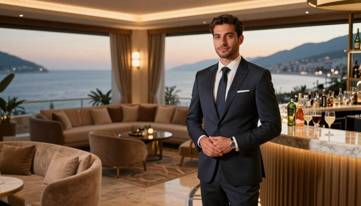An elegant and sophisticated scene depicting a luxurious VIP escort service ambiance, inspired by Alanya Sarışın Escort. In the foreground, a well-dressed professional individual in a tailored, modern suit, exuding confidence and charm, stands poised and welcoming. The middle ground features an upscale lounge setting with plush seating, ambient lighting, and tasteful decor that suggests exclusivity and comfort. Nearby, a chic bar with an assortment of fine beverages adds to the allure. The background includes a panoramic view of Alanya's beautiful coastline at dusk, with soft, warm lighting casting a serene atmosphere. The overall mood reflects high-class elegance and professionalism, inviting clients to experience exceptional VIP services. The angle is slightly elevated, capturing both the inviting interior and breathtaking view, creating a harmonious balance. An elegant and sophisticated scene depicting a luxurious VIP escort service ambiance, inspired by Alanya Sarışın Escort. In the foreground, a well-dressed professional individual in a tailored, modern suit, exuding confidence and charm, stands poised and welcoming. The middle ground features an upscale lounge setting with plush seating, ambient lighting, and tasteful decor that suggests exclusivity and comfort. Nearby, a chic bar with an assortment of fine beverages adds to the allure. The background includes a panoramic view of Alanya's beautiful coastline at dusk, with soft, warm lighting casting a serene atmosphere. The overall mood reflects high-class elegance and professionalism, inviting clients to experience exceptional VIP services. The angle is slightly elevated, capturing both the inviting interior and breathtaking view, creating a harmonious balance.