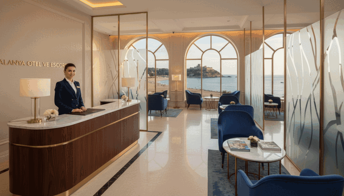 An elegant hotel lobby in Alanya, showcasing the principles of privacy and discretion. In the foreground, a polished reception desk attended by a professional staff member in smart business attire, exuding a sense of trust and confidentiality. The middle ground features sophisticated seating arrangements with plush chairs and subtle decorative elements, creating a welcoming atmosphere. Soft, ambient lighting casts a warm glow throughout the space, highlighting the rich textures of the furnishings. In the background, tall windows reveal a stunning view of the Alanya coastline, subtly hinting at luxury and relaxation. The overall mood is serene and professional, emphasizing the quality and scope of services offered by "Alanya otel ve escort." Use a wide-angle lens to capture the inviting ambiance and spaciousness of this upscale environment. An elegant hotel lobby in Alanya, showcasing the principles of privacy and discretion. In the foreground, a polished reception desk attended by a professional staff member in smart business attire, exuding a sense of trust and confidentiality. The middle ground features sophisticated seating arrangements with plush chairs and subtle decorative elements, creating a welcoming atmosphere. Soft, ambient lighting casts a warm glow throughout the space, highlighting the rich textures of the furnishings. In the background, tall windows reveal a stunning view of the Alanya coastline, subtly hinting at luxury and relaxation. The overall mood is serene and professional, emphasizing the quality and scope of services offered by "Alanya otel ve escort." Use a wide-angle lens to capture the inviting ambiance and spaciousness of this upscale environment.
