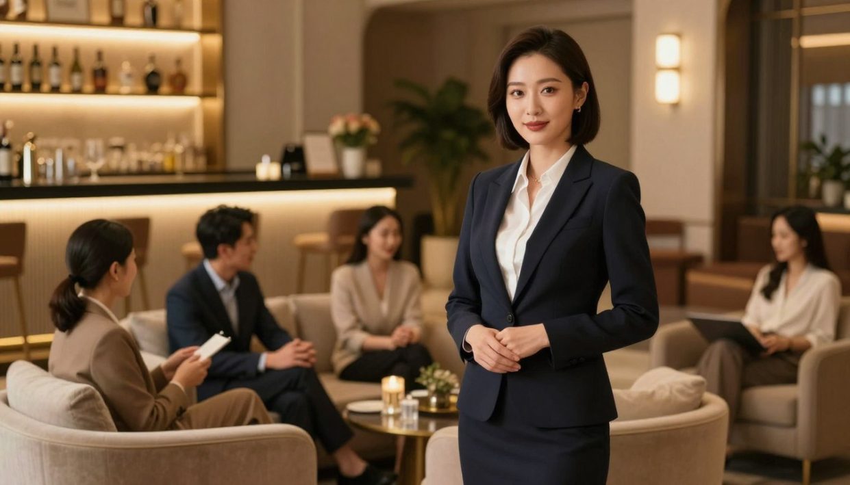 An elegant scene depicting a sophisticated woman dressed in professional business attire, standing confidently in a stylish, upscale lounge. The foreground showcases her poised posture, exuding charm and confidence, as she interacts amicably with others in the room. In the middle ground, include sleek furniture and tasteful decor, with soft, warm lighting that enhances the inviting atmosphere. The background reveals a luxurious bar area, softly illuminated, suggesting an air of exclusivity and comfort. Utilize a warm color palette to evoke feelings of relaxation and enjoyment. Capture the moment from a slightly angled perspective to create depth and intimacy, emphasizing the connection and value of shared experiences. The overall mood should reflect sophistication, elegance, and an unforgettable experience associated with "escort" services.