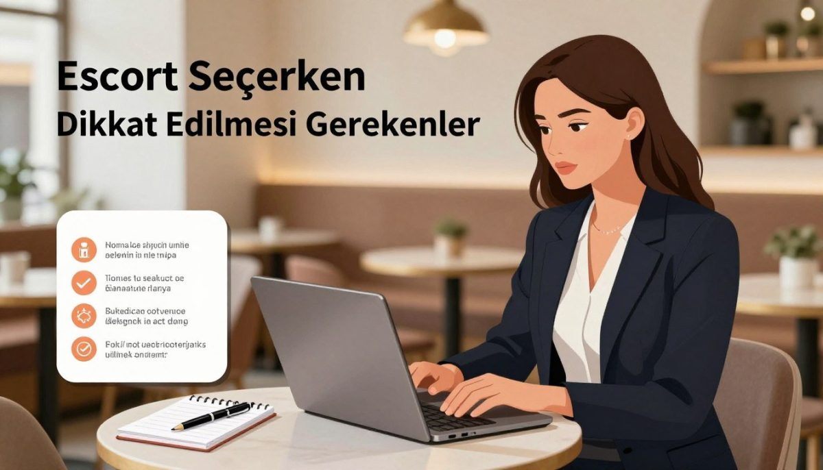 Create a professional and visually engaging illustration for the section titled "Escort Seçerken Dikkat Edilmesi Gerekenler" within the context of Kestel Escort Alanya. The foreground features a stylish, confident woman in a smart casual outfit, embodying professionalism while engaging with a laptop in a cozy, modern café setting. The middle ground includes a round table with a curated display of safety tips, such as a notepad and a pen, conveying the importance of security in escort selection. The background presents a softly lit ambiance with warm tones and tasteful decor, enhancing a welcoming atmosphere. Use natural lighting to create soft shadows, and employ a slight depth of field to focus on the subject while blurring the background, evoking a feeling of trust and approachability.