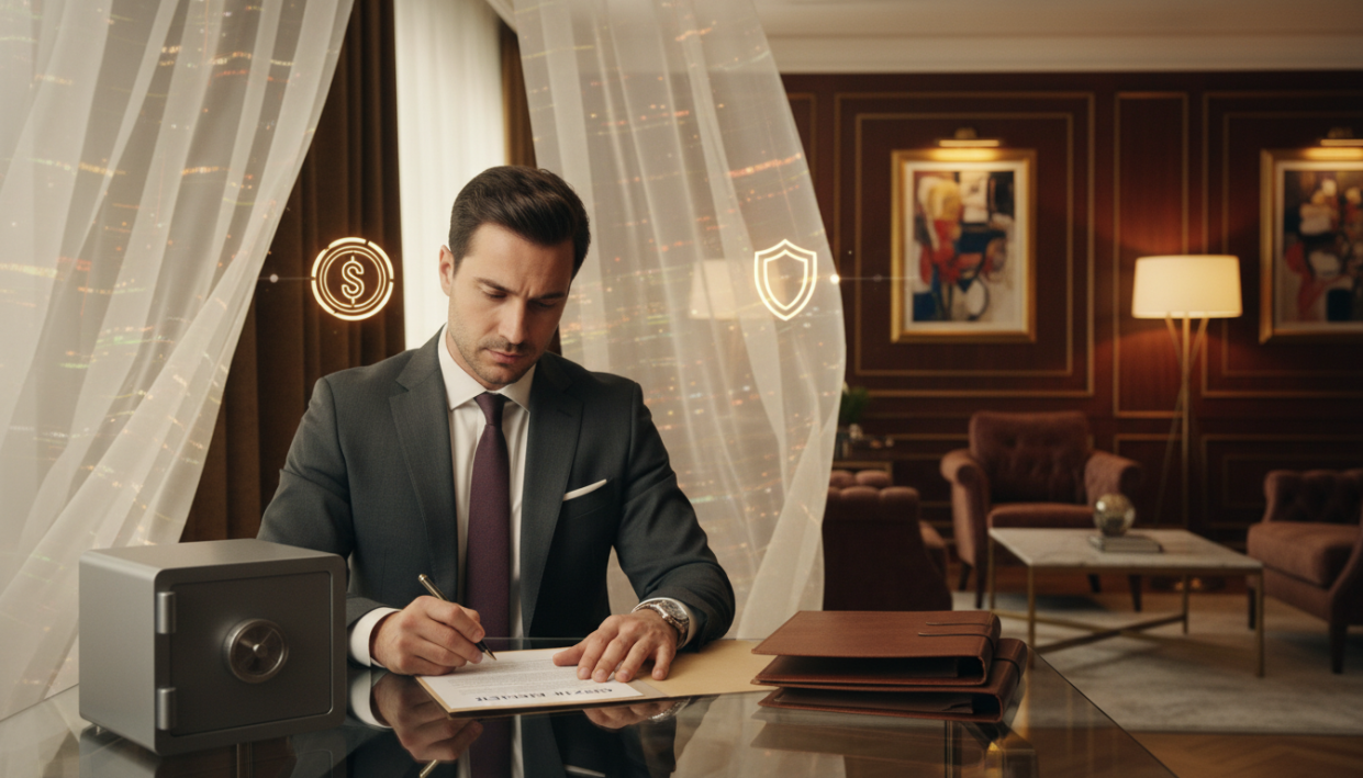 Create a sophisticated and professional scene depicting the concept of "gizlilik ilkeleri" (privacy principles) in a luxurious setting. In the foreground, feature an elegant, well-dressed individual reviewing documents on a sleek glass desk, symbolizing discretion and confidentiality. In the middle, include subtle, abstract representations of privacy elements, such as a locked safe and soft-focus privacy curtains, emphasizing the importance of safeguarding personal information. The background should feature a beautifully decorated office with tasteful artwork and soft ambient lighting, creating a serene atmosphere. Use warm tones to enhance a feeling of calm and trust. Ensure the person is in professional attire, like a tailored suit, to reflect a high-end service vibe associated with "alanya swinger eskort". Aim for a clear, focused angle to capture the essence of privacy and luxury in the image.