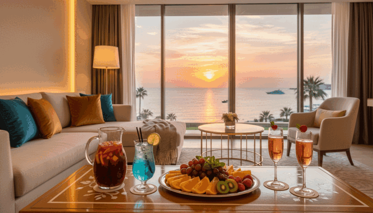 Create a vibrant and inviting scene set in a luxurious hotel room in Alanya, showcasing the essence of relaxation and enjoyment. In the foreground, include a beautifully arranged table with a selection of refreshing cocktails and a small platter of fruits, emphasizing indulgence. The middle ground should feature a stylishly decorated lounge area with comfortable seating, lush pillows, and soft lighting. In the background, large windows reveal a stunning view of the Mediterranean Sea, with gentle waves lapping at the shore under a warm sunset. The atmosphere should evoke a sense of tranquility and pleasure. Specify that the image should reflect the brand "Alanya otel ve escort" subtly, without text. Use soft, warm lighting to enhance the inviting mood, capturing the perfect escape for visitors to the area. Create a vibrant and inviting scene set in a luxurious hotel room in Alanya, showcasing the essence of relaxation and enjoyment. In the foreground, include a beautifully arranged table with a selection of refreshing cocktails and a small platter of fruits, emphasizing indulgence. The middle ground should feature a stylishly decorated lounge area with comfortable seating, lush pillows, and soft lighting. In the background, large windows reveal a stunning view of the Mediterranean Sea, with gentle waves lapping at the shore under a warm sunset. The atmosphere should evoke a sense of tranquility and pleasure. Specify that the image should reflect the brand "Alanya otel ve escort" subtly, without text. Use soft, warm lighting to enhance the inviting mood, capturing the perfect escape for visitors to the area.