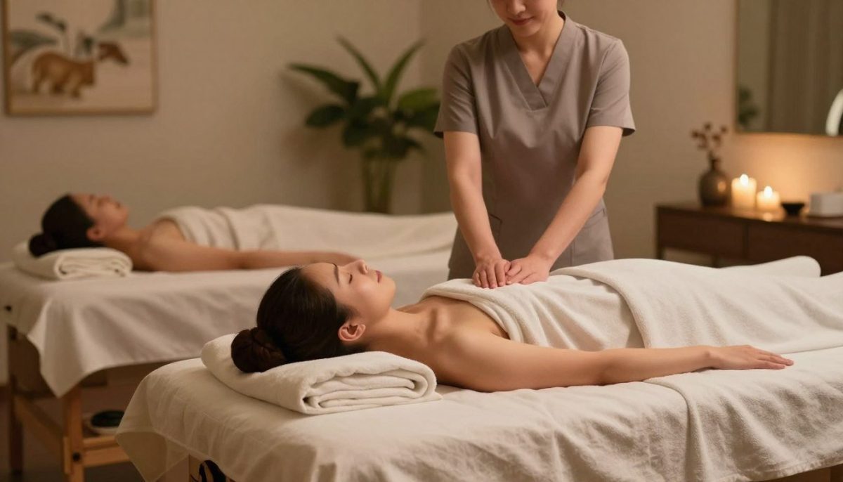 Create an image depicting a serene and inviting scene focused on professional massage therapy. In the foreground, showcase a well-organized treatment room, featuring a massage table adorned with soft, clean linens. Include calming elements like aromatic candles and tranquil stones. In the middle ground, position a professional massage therapist, dressed in modest, professional attire, gently demonstrating a massage technique on a client comfortably lying on the table. The client, also dressed in casual, modest clothing, should reflect a state of relaxation and comfort. In the background, add soft-focus greenery or calming artwork to enhance the soothing atmosphere. Utilize warm, soft lighting to create an inviting mood, with a slightly blurred depth of field to emphasize the serene environment of the Kestel massage space. Create an image depicting a serene and inviting scene focused on professional massage therapy. In the foreground, showcase a well-organized treatment room, featuring a massage table adorned with soft, clean linens. Include calming elements like aromatic candles and tranquil stones. In the middle ground, position a professional massage therapist, dressed in modest, professional attire, gently demonstrating a massage technique on a client comfortably lying on the table. The client, also dressed in casual, modest clothing, should reflect a state of relaxation and comfort. In the background, add soft-focus greenery or calming artwork to enhance the soothing atmosphere. Utilize warm, soft lighting to create an inviting mood, with a slightly blurred depth of field to emphasize the serene environment of the Kestel massage space.