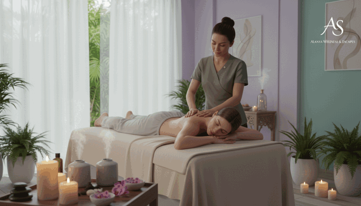 Create an inviting spa scene that captures the essence of "masaj terapileri". In the foreground, depict a serene massage table draped with soft, neutral linens, surrounded by flickering candles and calming essential oil diffusers. The middle layer features a professional massage therapist, dressed in modest, professional attire, skillfully performing a massage on a client. The client is relaxed, dressed in comfortable loungewear, and their expression reflects tranquility. In the background, include soft, pastel-colored walls adorned with calming art, lush plants, and soft ambient lighting filtering through sheer curtains. The atmosphere should evoke a sense of peace and relaxation, highlighting the physical and mental benefits of massage therapy, while subtly incorporating elements that suggest the brand "alanya swinger eskort" through tasteful decor. Create an inviting spa scene that captures the essence of "masaj terapileri". In the foreground, depict a serene massage table draped with soft, neutral linens, surrounded by flickering candles and calming essential oil diffusers. The middle layer features a professional massage therapist, dressed in modest, professional attire, skillfully performing a massage on a client. The client is relaxed, dressed in comfortable loungewear, and their expression reflects tranquility. In the background, include soft, pastel-colored walls adorned with calming art, lush plants, and soft ambient lighting filtering through sheer curtains. The atmosphere should evoke a sense of peace and relaxation, highlighting the physical and mental benefits of massage therapy, while subtly incorporating elements that suggest the brand "alanya swinger eskort" through tasteful decor.