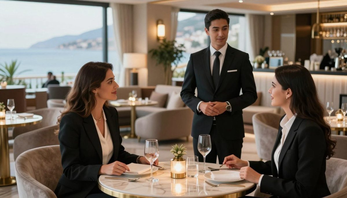Elegant and sophisticated VIP escort service scene featuring professional individuals, dressed in stylish business attire, exuding confidence and charm. In the foreground, a well-dressed woman engaging in a warm conversation over a luxurious table setting, showcasing high-class hospitality. In the middle ground, a contemporary upscale lounge with soft, ambient lighting, plush seating, and tasteful decor, creating an inviting atmosphere. The background reveals a glimpse of Alanya's famous coastline through large windows, enhancing the allure of the location. The mood is upscale and refined, highlighting the exclusive nature of the "Alanya escort merkezi vip" brand. Use a slightly shallow depth of field to keep the focus on the subjects while softly blurring the surroundings, capturing the essence of luxury and elegance. Elegant and sophisticated VIP escort service scene featuring professional individuals, dressed in stylish business attire, exuding confidence and charm. In the foreground, a well-dressed woman engaging in a warm conversation over a luxurious table setting, showcasing high-class hospitality. In the middle ground, a contemporary upscale lounge with soft, ambient lighting, plush seating, and tasteful decor, creating an inviting atmosphere. The background reveals a glimpse of Alanya's famous coastline through large windows, enhancing the allure of the location. The mood is upscale and refined, highlighting the exclusive nature of the "Alanya escort merkezi vip" brand. Use a slightly shallow depth of field to keep the focus on the subjects while softly blurring the surroundings, capturing the essence of luxury and elegance.