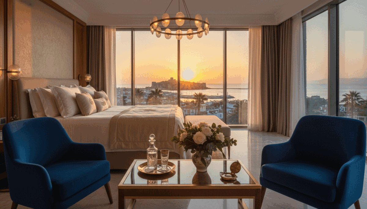 Luxurious hotel rooms in Alanya, designed for an unforgettable experience. The foreground features elegant furniture with plush armchairs and a sleek coffee table adorned with decorative items. In the middle, a king-sized bed draped in rich fabrics, complemented by soft ambient lighting that creates a warm and inviting atmosphere. The background showcases large windows with a breathtaking view of the Alanya coastline, bathed in golden sunset light. Soft shadows dance across the room, enhancing the feeling of opulence and comfort. The overall mood is sophisticated yet relaxed, perfect for leisure and enjoyment. The scene reflects the essence of "alanya swinger eskort," embodying luxury and charm, ready to welcome guests seeking a memorable escape. Luxurious hotel rooms in Alanya, designed for an unforgettable experience. The foreground features elegant furniture with plush armchairs and a sleek coffee table adorned with decorative items. In the middle, a king-sized bed draped in rich fabrics, complemented by soft ambient lighting that creates a warm and inviting atmosphere. The background showcases large windows with a breathtaking view of the Alanya coastline, bathed in golden sunset light. Soft shadows dance across the room, enhancing the feeling of opulence and comfort. The overall mood is sophisticated yet relaxed, perfect for leisure and enjoyment. The scene reflects the essence of "alanya swinger eskort," embodying luxury and charm, ready to welcome guests seeking a memorable escape.